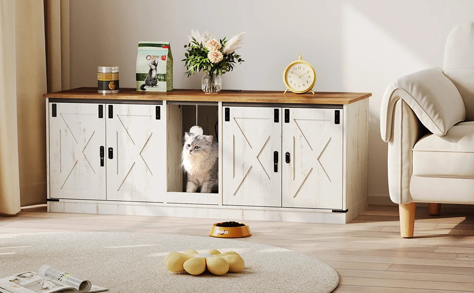 Kattenbak Meubel met Stopcontact en USB – Verborgen Kattenbak Kast voor 2 Katten – Kattenhuis Binnen met Deuren & Accessoires
