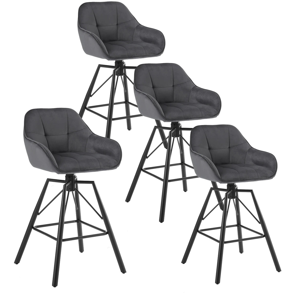 Set van 4 Draaibare Velvet Barstoelen – Zwarte Barkrukken met Rugleuning, Armleuningen & Voetensteun – 360° Draaibaar – Zithoogte 72 cm