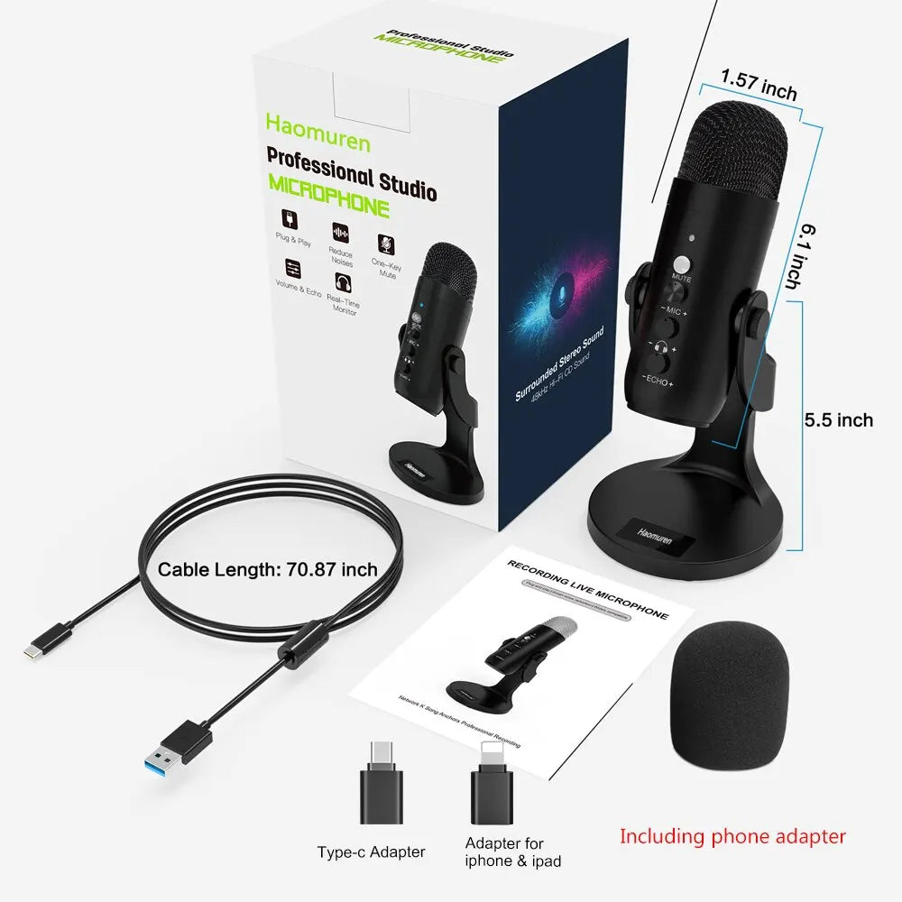USB Microfoon voor PC, Mac, Gaming, Podcast en Streaming – Condenser Microfoon met Telefoonadapter en Hoofdtelefoonuitgang