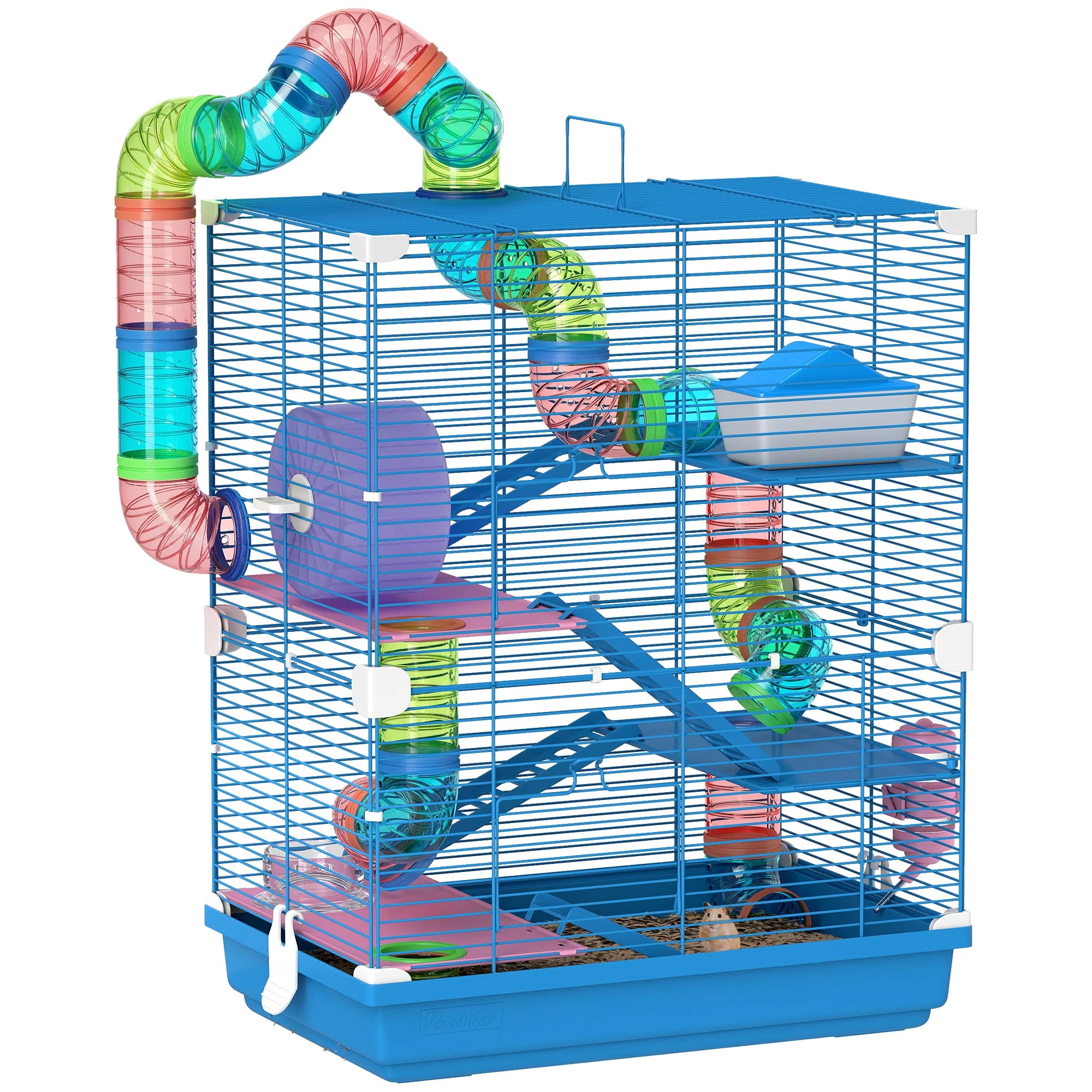 Luxe Hamsterkooi met Tunnel en Drinkbak – 5-Laags Knaagdierverblijf – 46x30x58 cm – Antraciet/Blauw