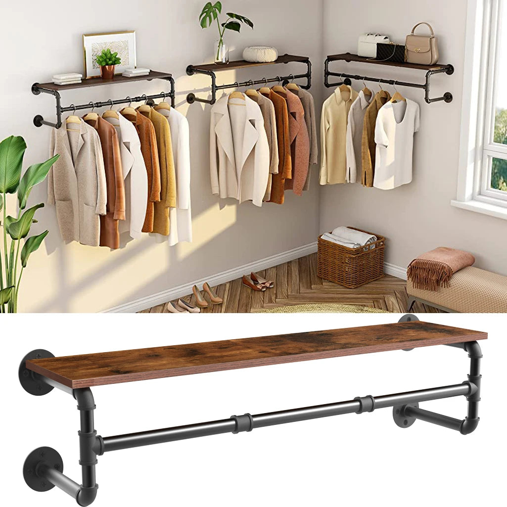 Industrieel Kledingrek Wand met Houten Plank – Metalen Pipe Wandrek met Opbergplank en Haken