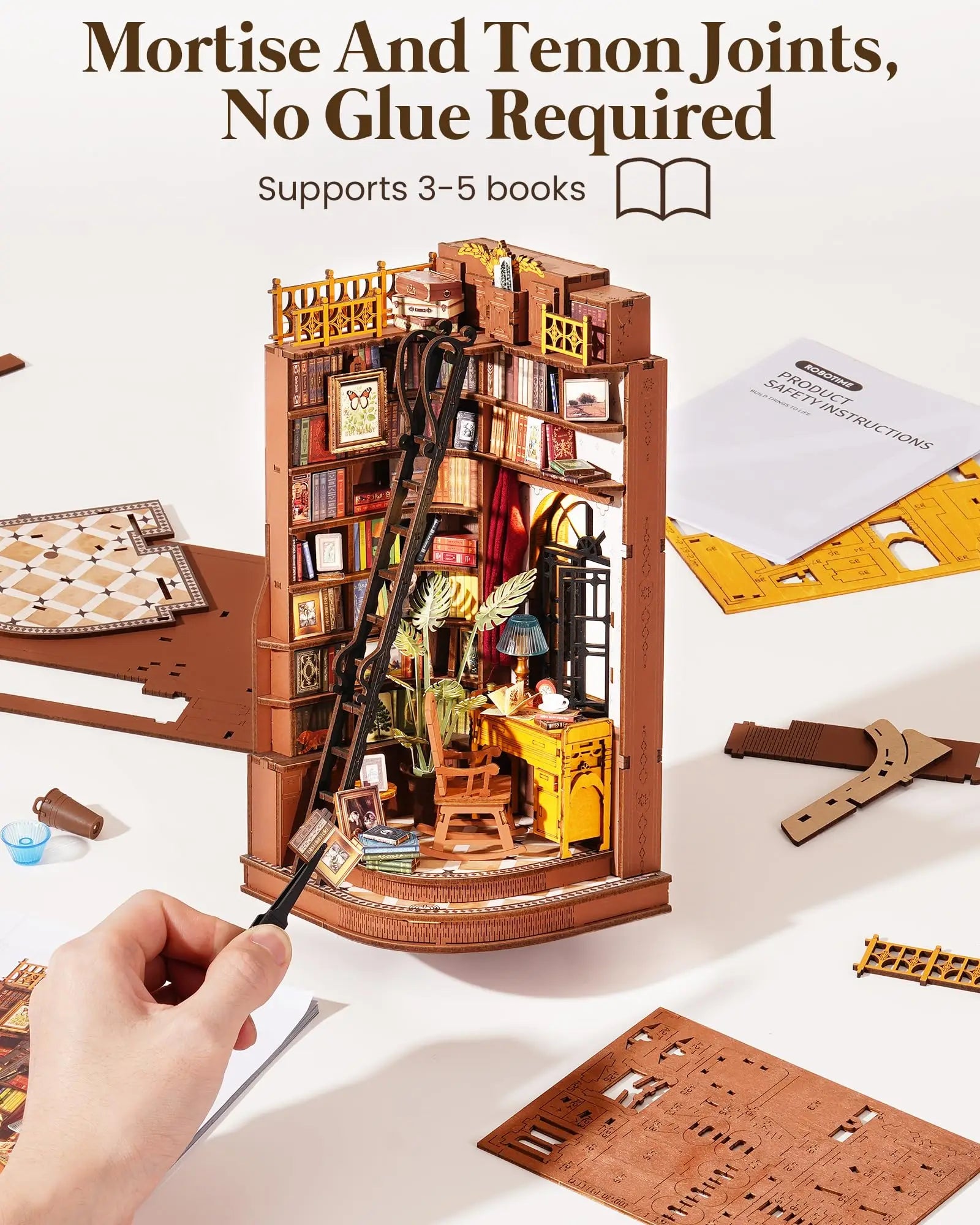 DIY Book Nook Miniatuur Bibliotheek met LED Verlichting – Britse Stijl Boekensteun Bouwpakket – Decoratieve Boekenplank Insert voor Boekenkast