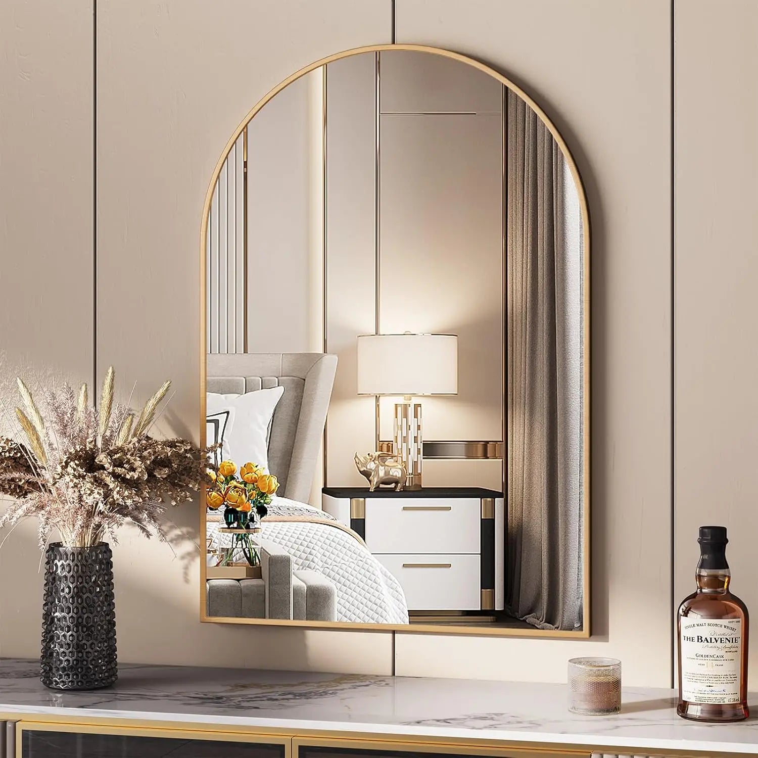 Boogwandspiegel 66x96 cm – Moderne Halfronde Spiegel met Zwart Aluminium Frame