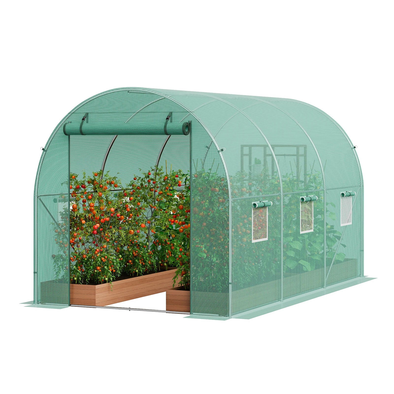 Wandelbare Tunnelkas met Stalen Frame 345×195×192 cm – Grote Inloop Tuinkas met PE Afdekking, Ritsdeur en Ventilatieramen