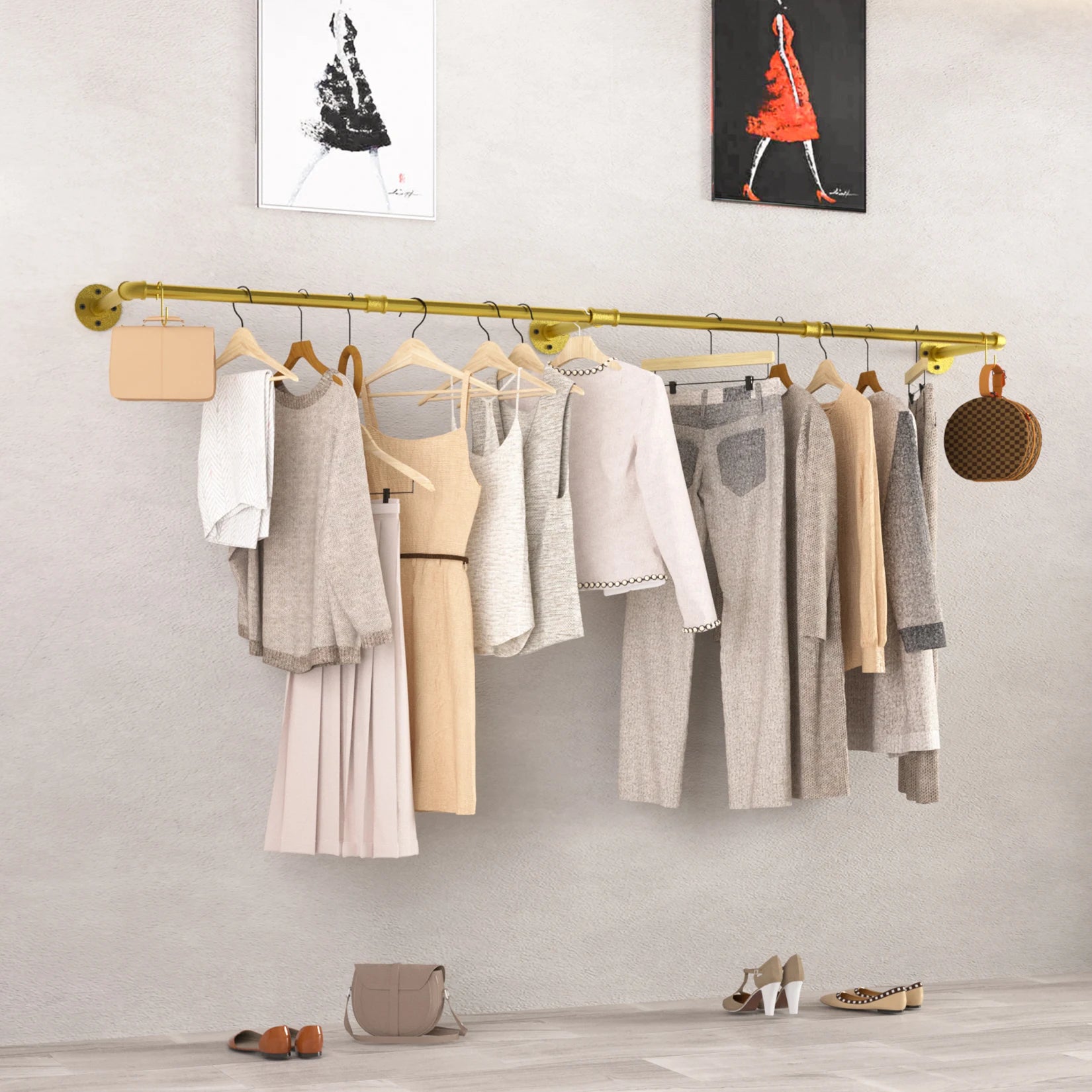 Industrieel Muur Kledingrek Buiswerk – Goud – Wand Kledingstang 180 cm – Ruimtebesparend en Stevig Metaal