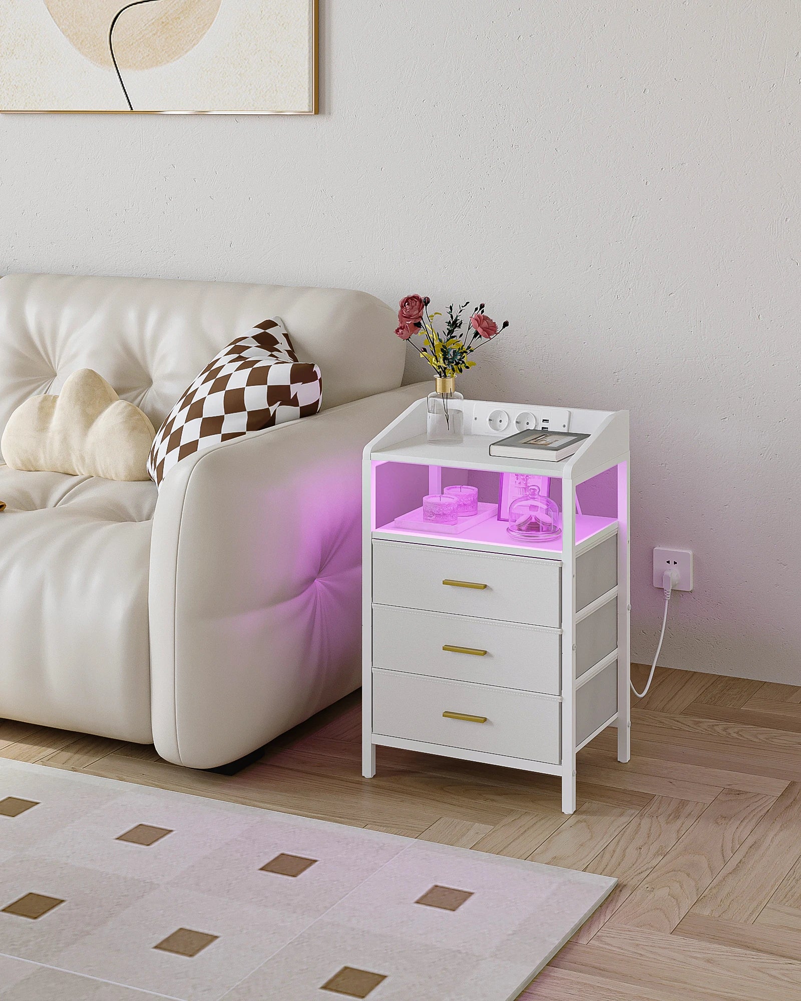 LED Nachtkastje met Oplaadstation en USB – Moderne Bijzettafel met 3 Lades en Plank – Wit/Zwart