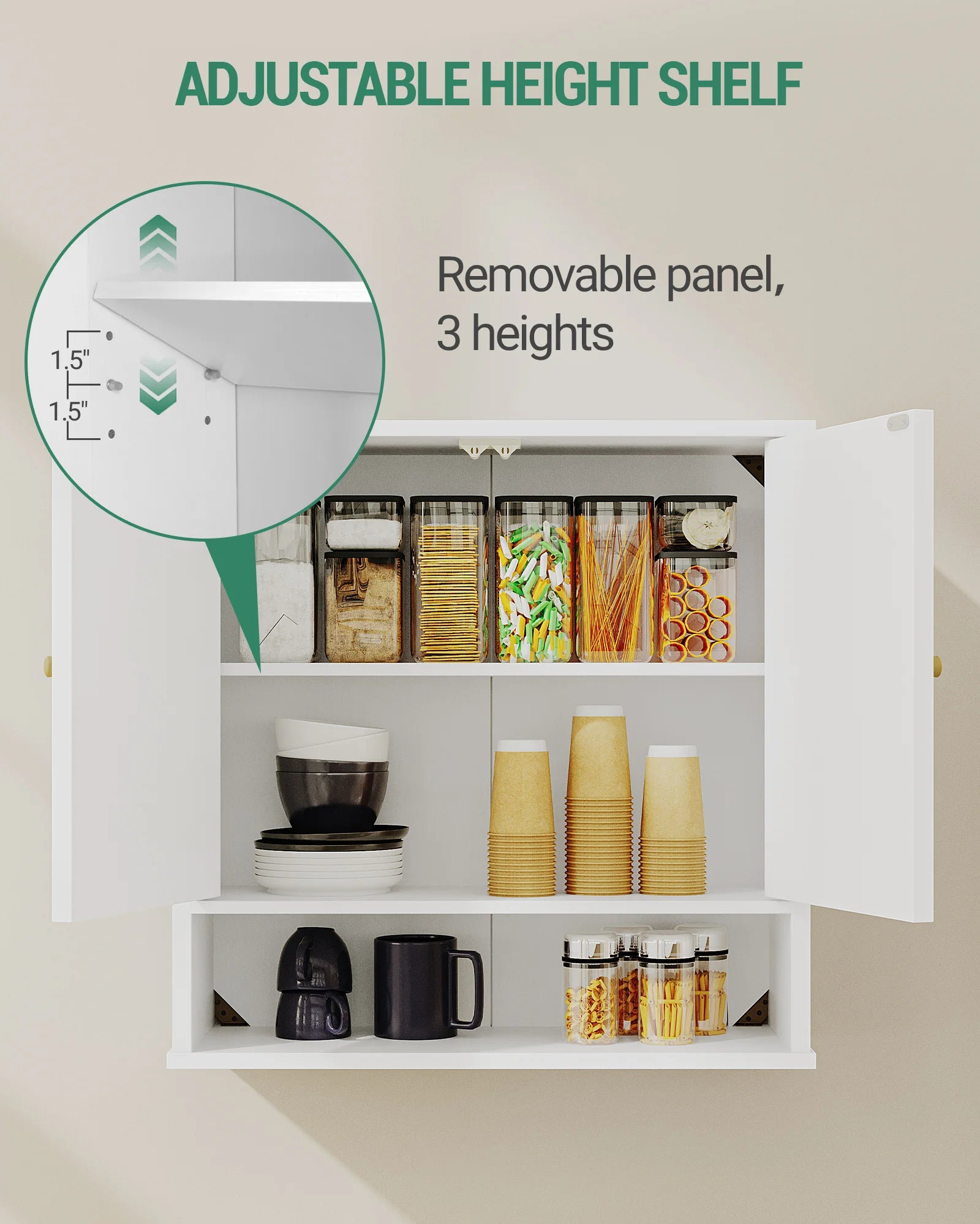 Badkamer Wandkast 60 x 20 x 60 cm – Wandmontage Opbergruimte – Wit met Houtnerf – 2 Deuren & Open Vak – Verstelbare Planken – Moderne Badkamerkast