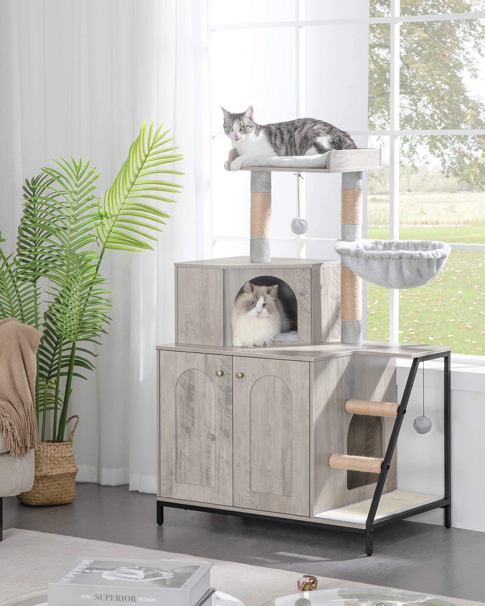 Kattenmeubel met Kattenbak Kast – 4-in-1 Kattenboom met Krabpaal, Platform en Kattenhuis – Modern Design met Sisal Krabmat