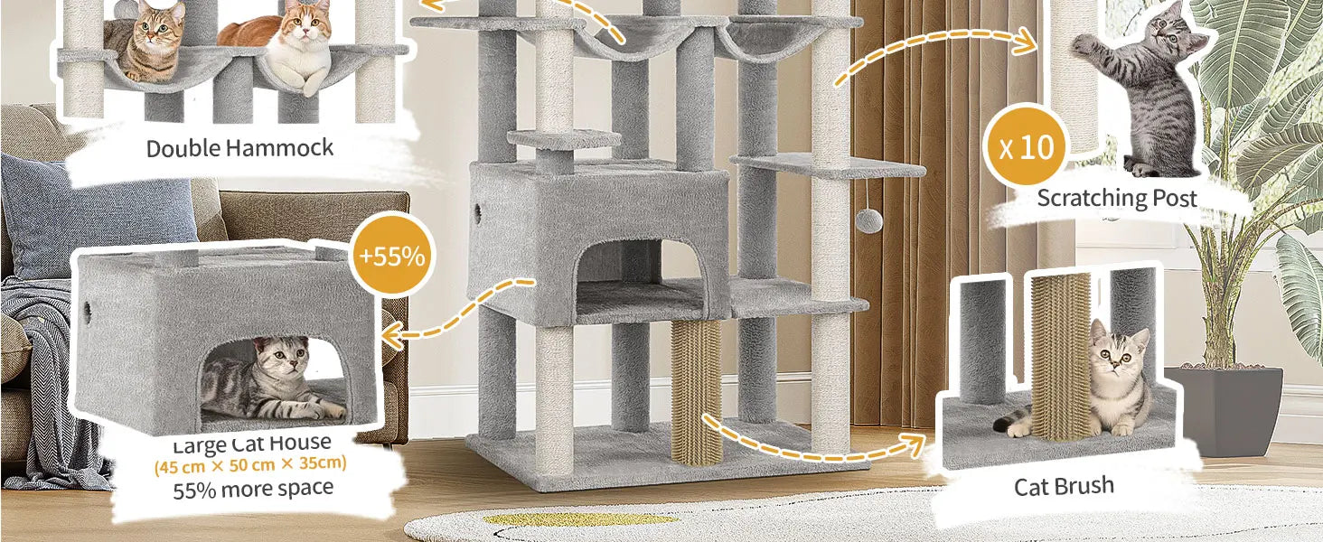 Grote Krabpaal voor Katten XXL – 200 cm Kattenboom met 10 Sisalpalen, 2 Huisjes, Hangmatten & Platform – Voor Grote Katten