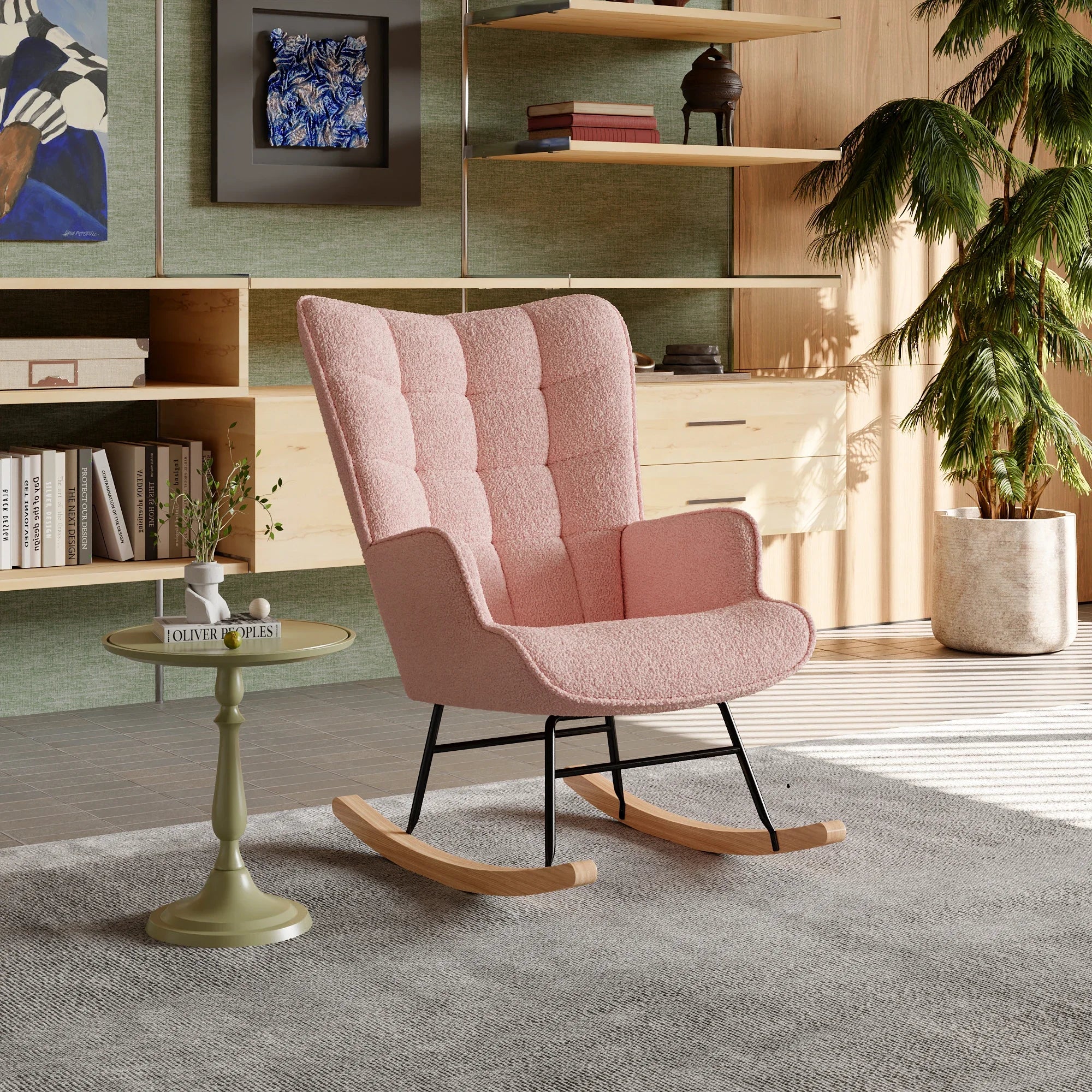 Moderne zachte pluche schommelstoel met armleuningen – comfortabele woonkamer stoel