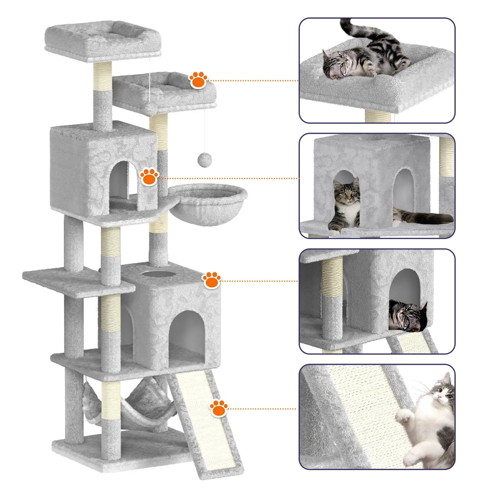 Katten Krabpaal 158 cm – Grote Kattenboom met 2 Huisjes, 2 Hangmatten & 7 Sisal Krabpalen – Luxe Klimtoren voor Binnenkatten