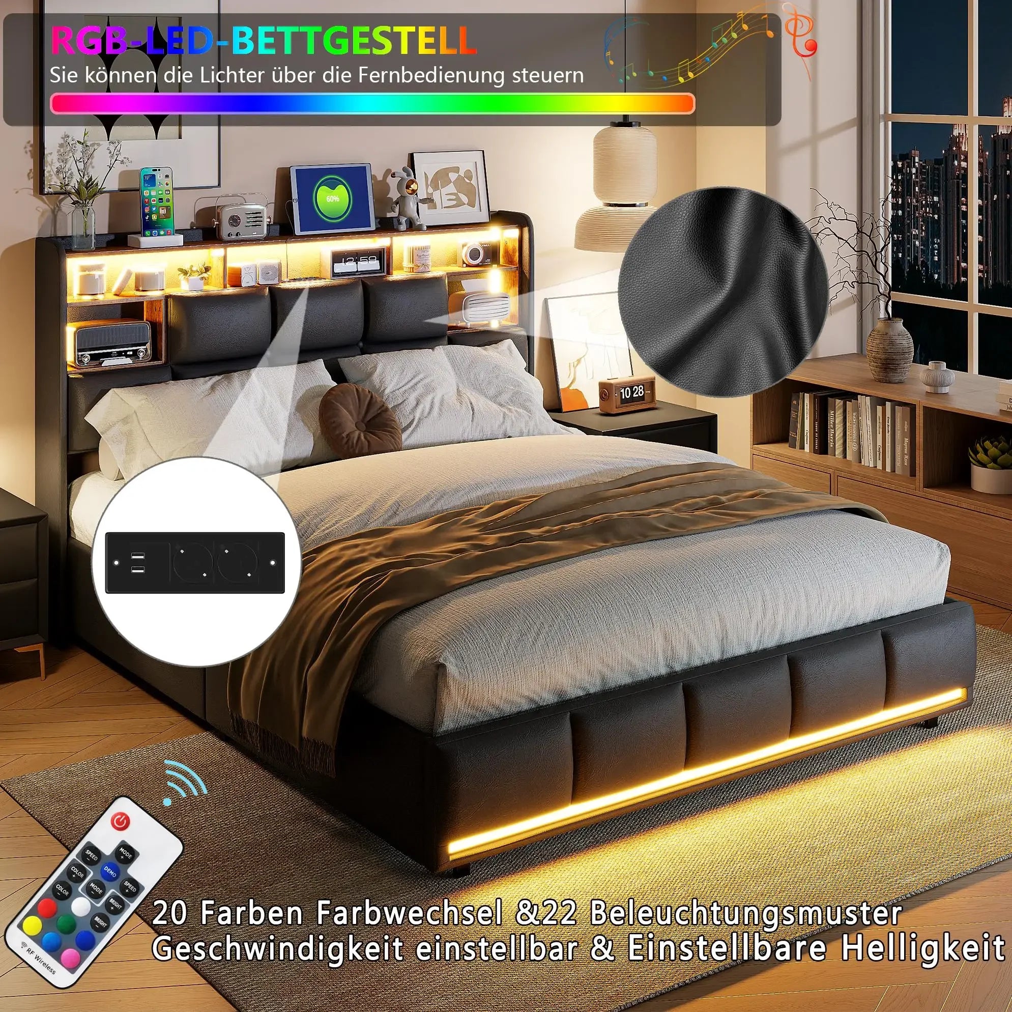Gestoffeerd Tweepersoonsbed 140x200 cm met LED‑verlichting, USB‑Oplaadpoort en Hydraulische Opbergruimte