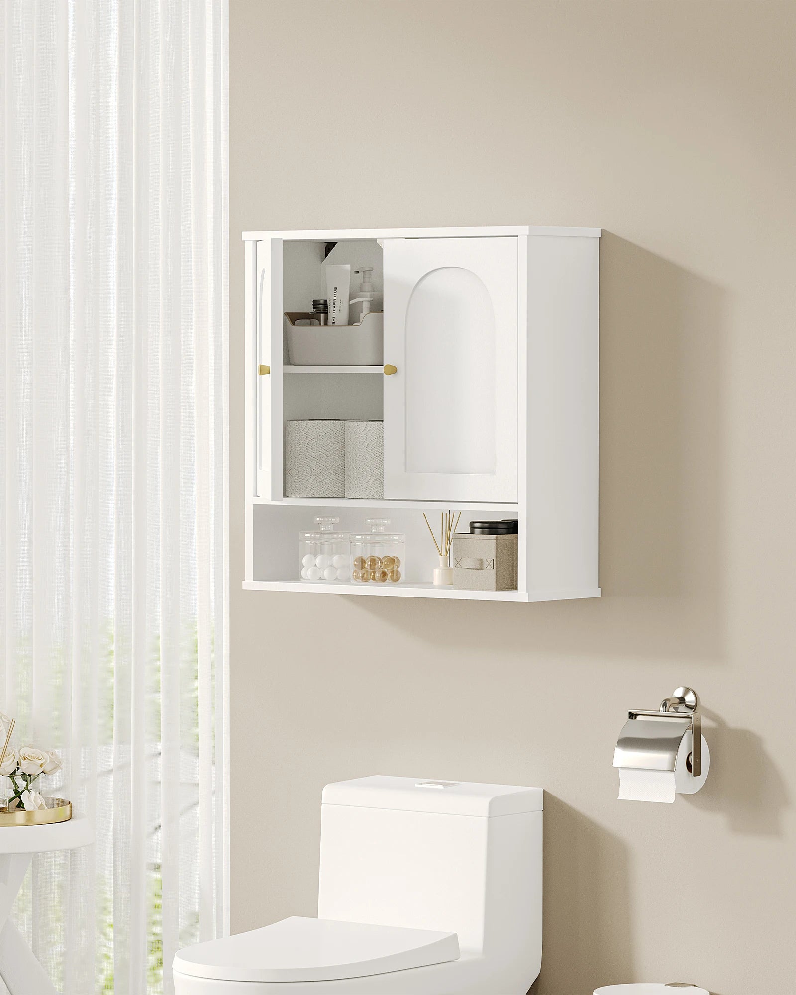 Badkamer Wandkast 60 x 20 x 60 cm – Wandmontage Opbergruimte – Wit met Houtnerf – 2 Deuren & Open Vak – Verstelbare Planken – Moderne Badkamerkast