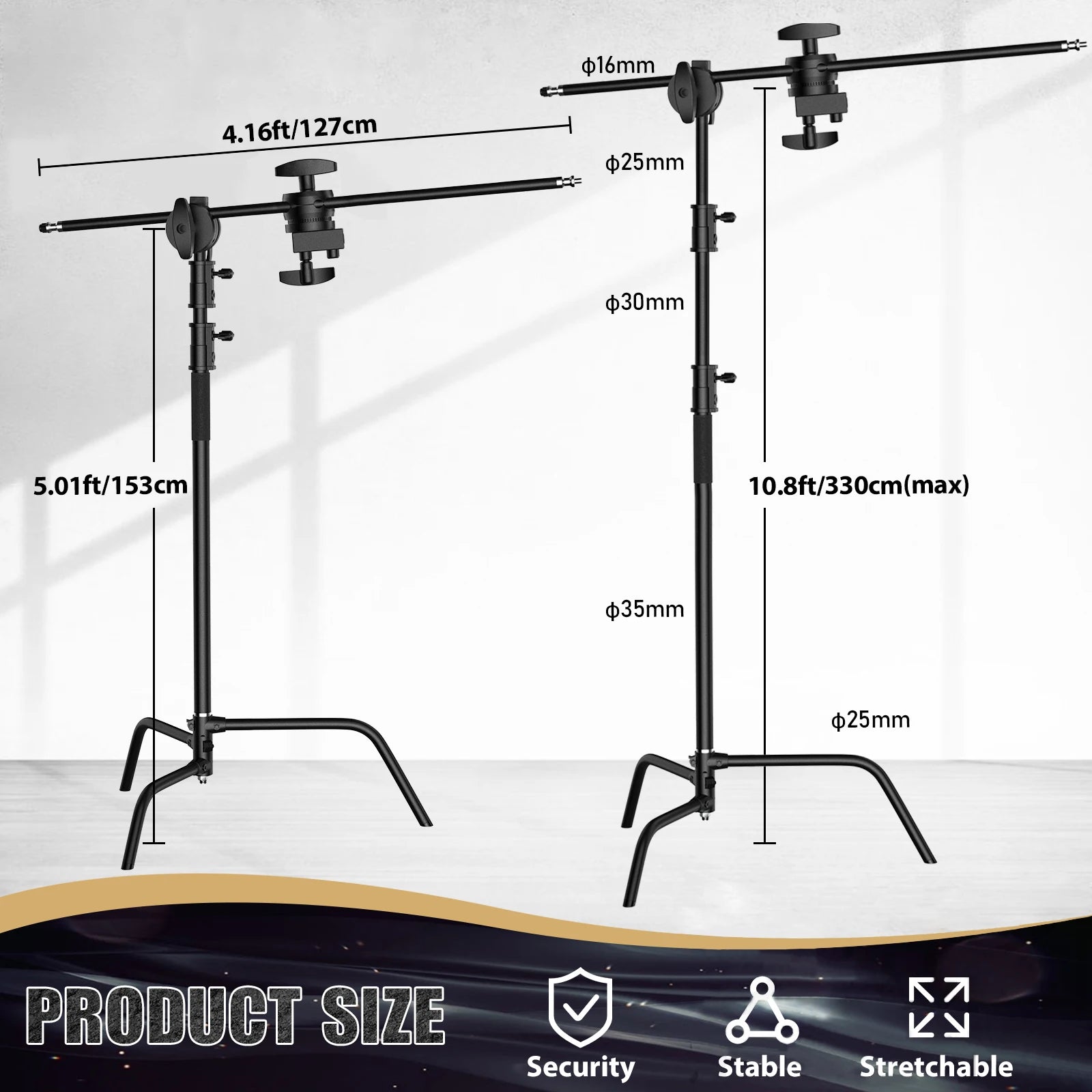 Heavy Duty C-Stand Lichtstatief 2,6M / 3,3M – RVS Fotografie Statief voor Studio, Camera, Softbox en LED Lamp