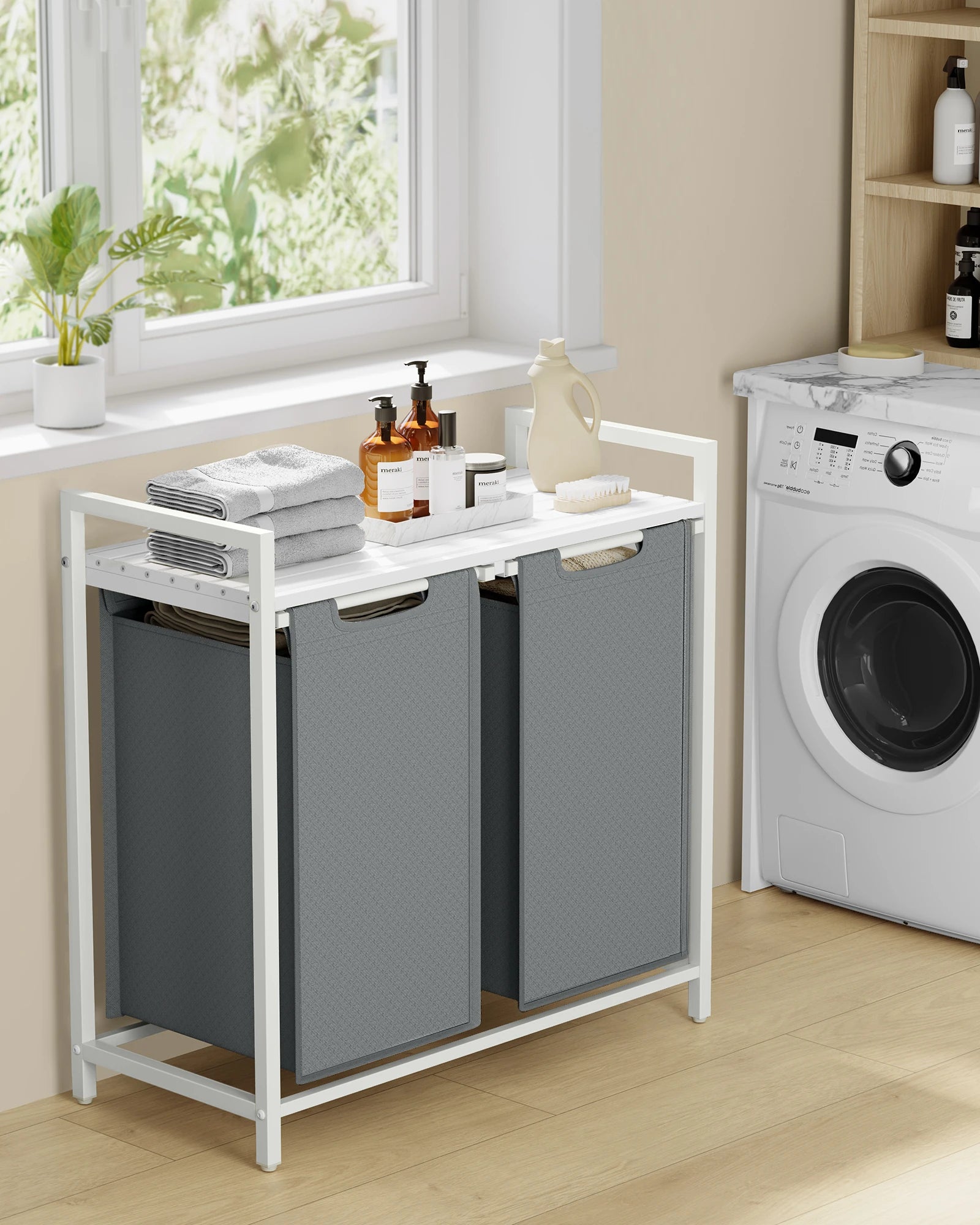 Grote Dubbele Wasmand met 2 Vakjes - 92 L - Stevig Frame & Afneembare Waszakken