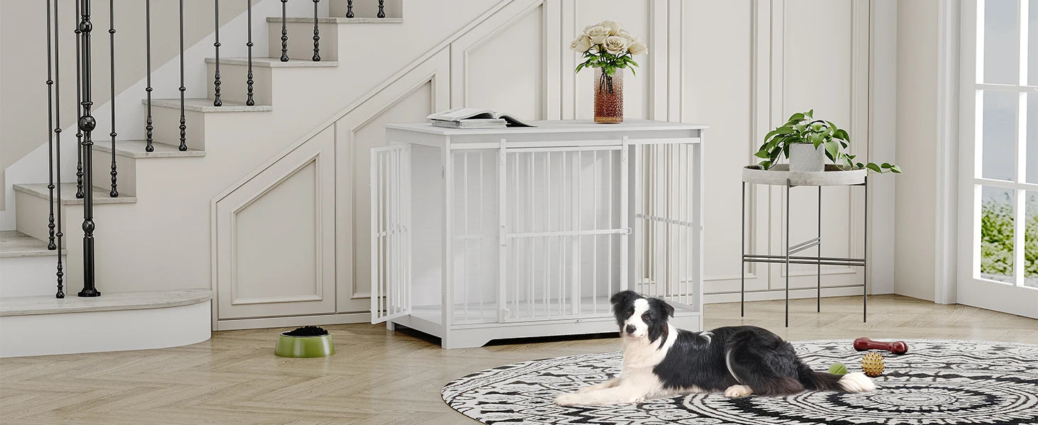Houten Hondenbench Meubel XL met Schuifdeur – Design Hondenkooi voor Grote Honden – Industrieel Bijzettafel & Bench in Één