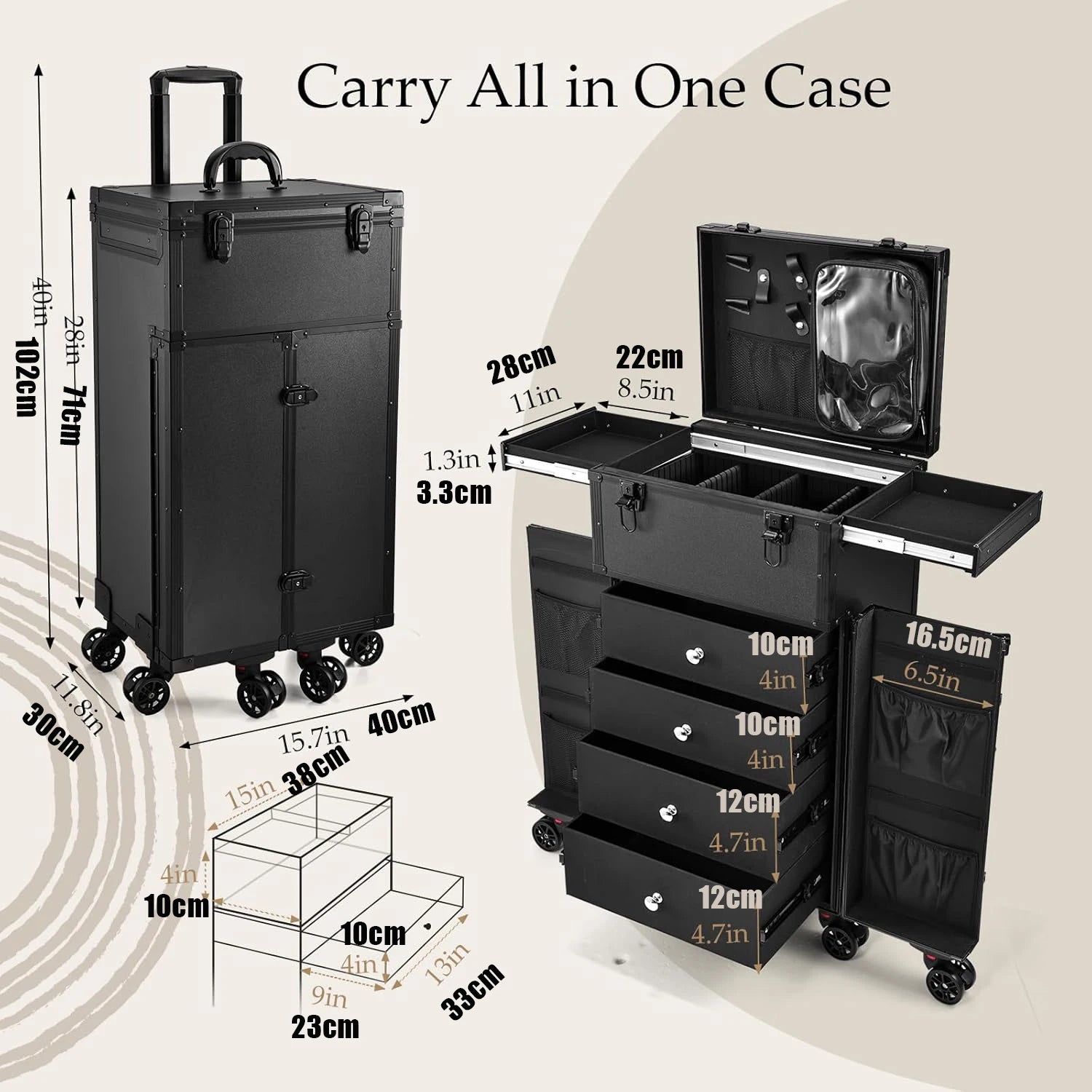 Professionele Make-up Koffer 4 Lades – Reiskoffer voor Cosmetica en Haarstyling – Trolley met Organizers en Waterdichte Behuizing