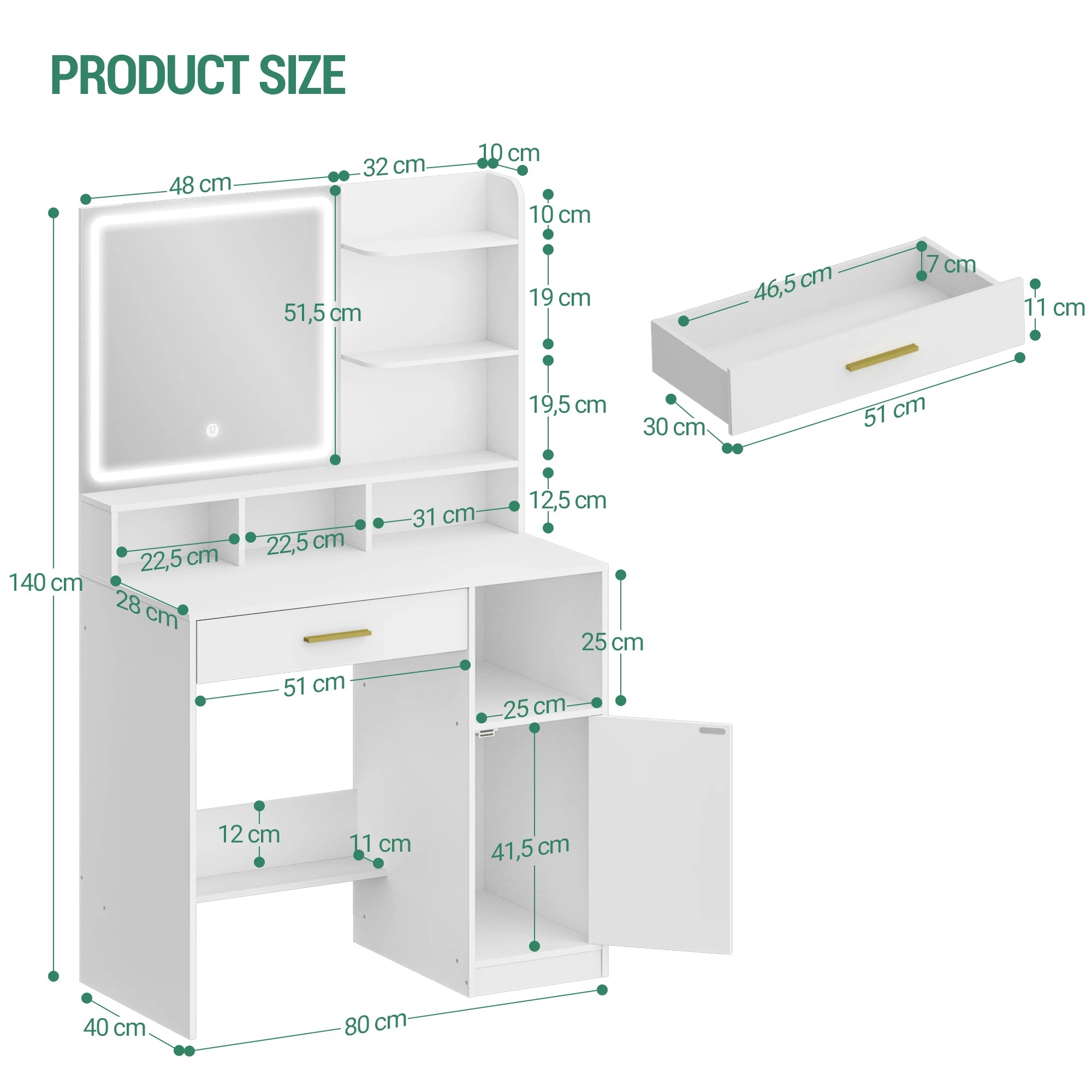 Kaptafel met Spiegel en LED Verlichting – Moderne Make-up Tafel met Lades, Opbergruimte en Kast – Witte Dressing Table met Verstelbaar Licht