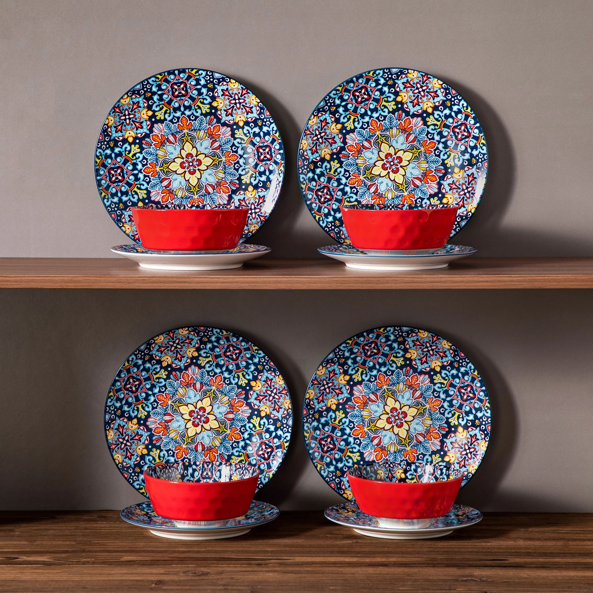 Boheemse 12-delige Keramische Servies Set – Porselein Dinerborden, Dessertborden & Kommen – Boho Servies met Bloemen Design