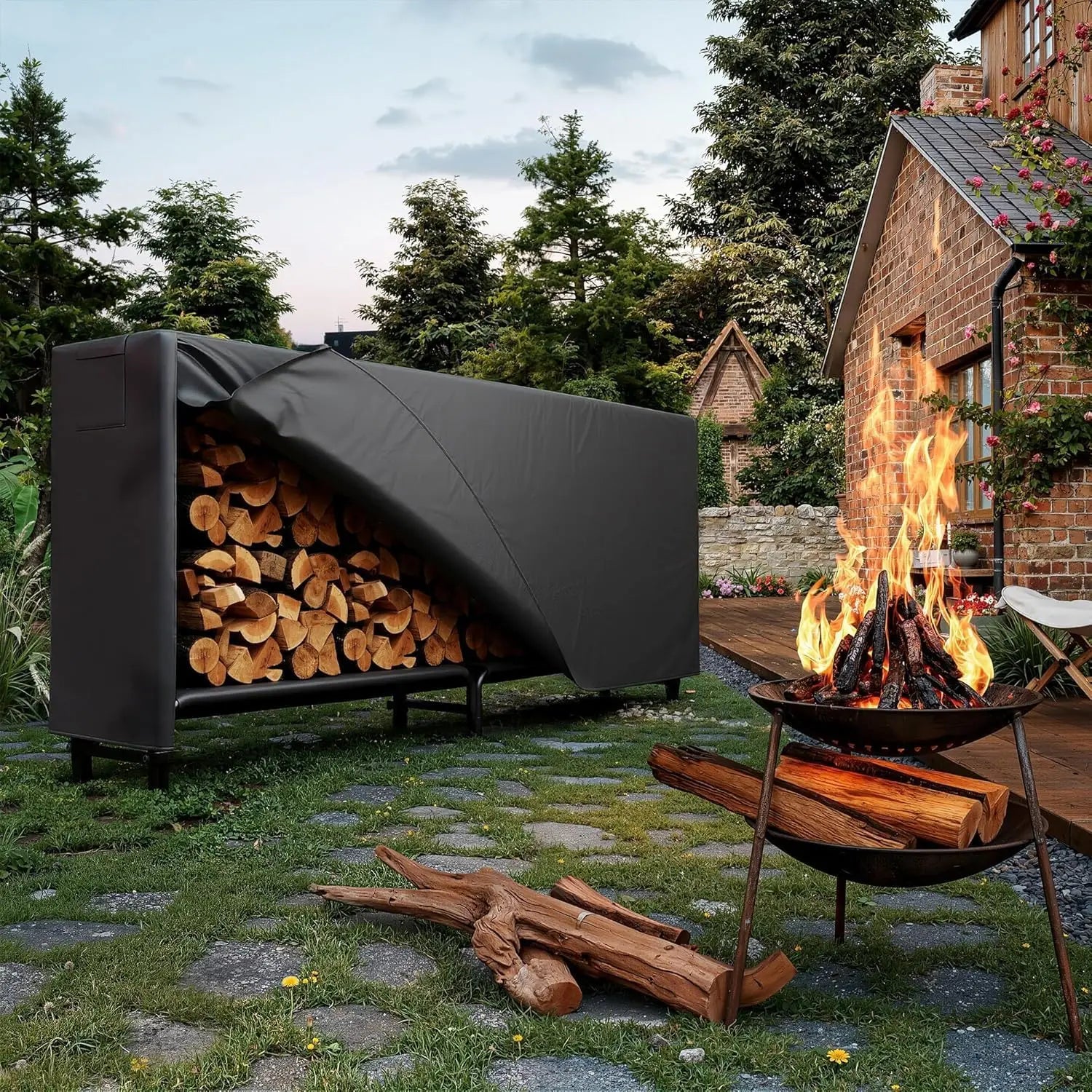 Houtopslagrek 4FT–8FT met Waterdichte Hoes – Metaal Houtrek voor Buiten & Tuin