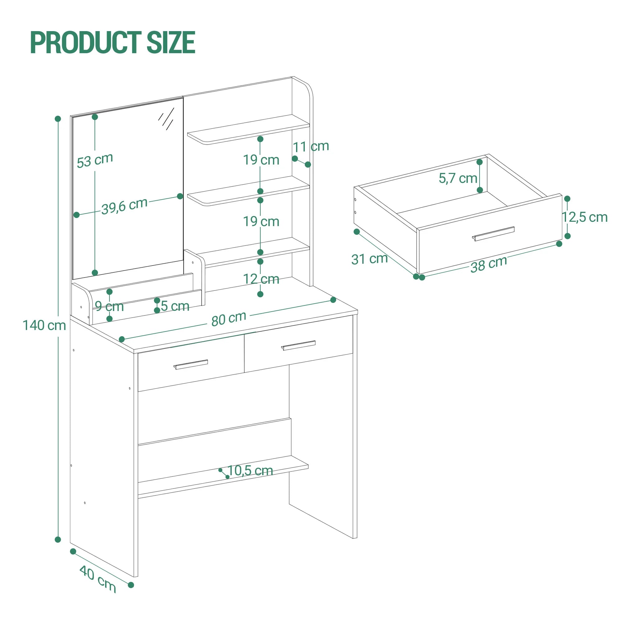 Kaptafel met Spiegel en Lades – Witte Make-up Tafel met Opbergruimte, 4 Open Planken & 2 Lades – Moderne Vanity Tafel Slaapkamer
