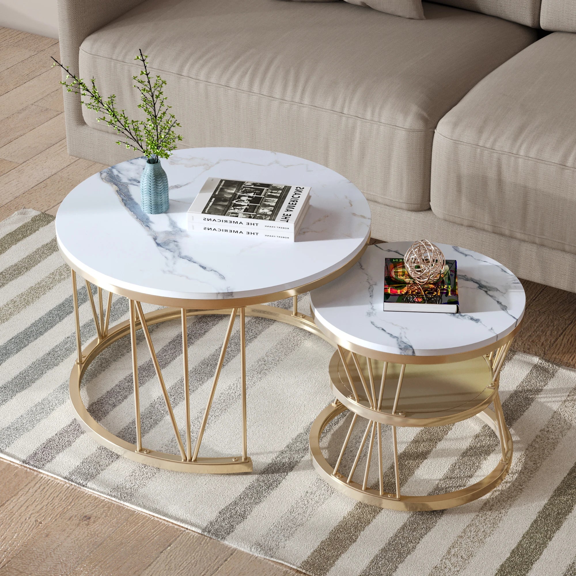Set van 2 Ronde Marmeren Koffietafels – Goud/Wit – Luxe Salontafel Set