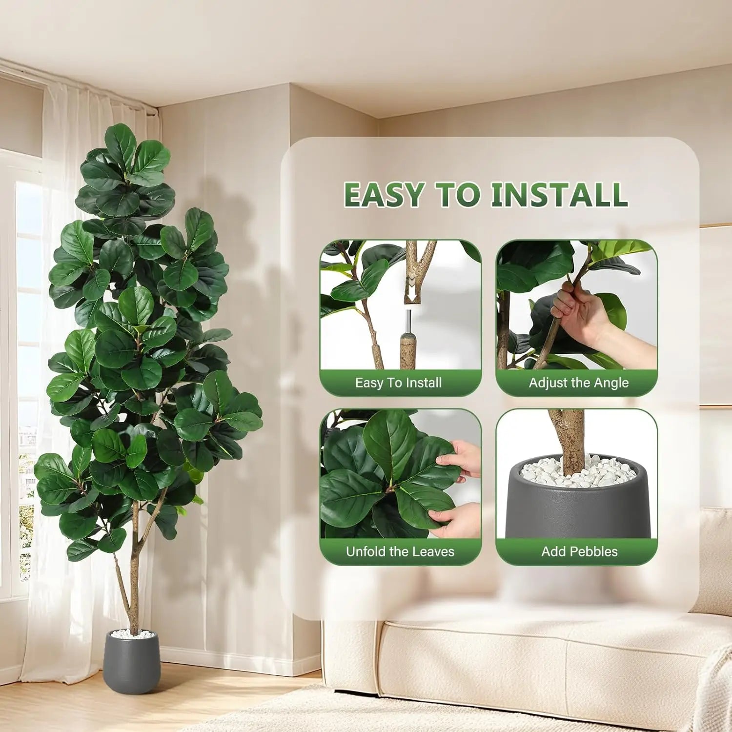 Kunstmatige Ficus Lyrata (Vioolbladplant) 120–210 cm met Witte Pot – Realistische Nep Plant voor Woonkamer & Kantoor