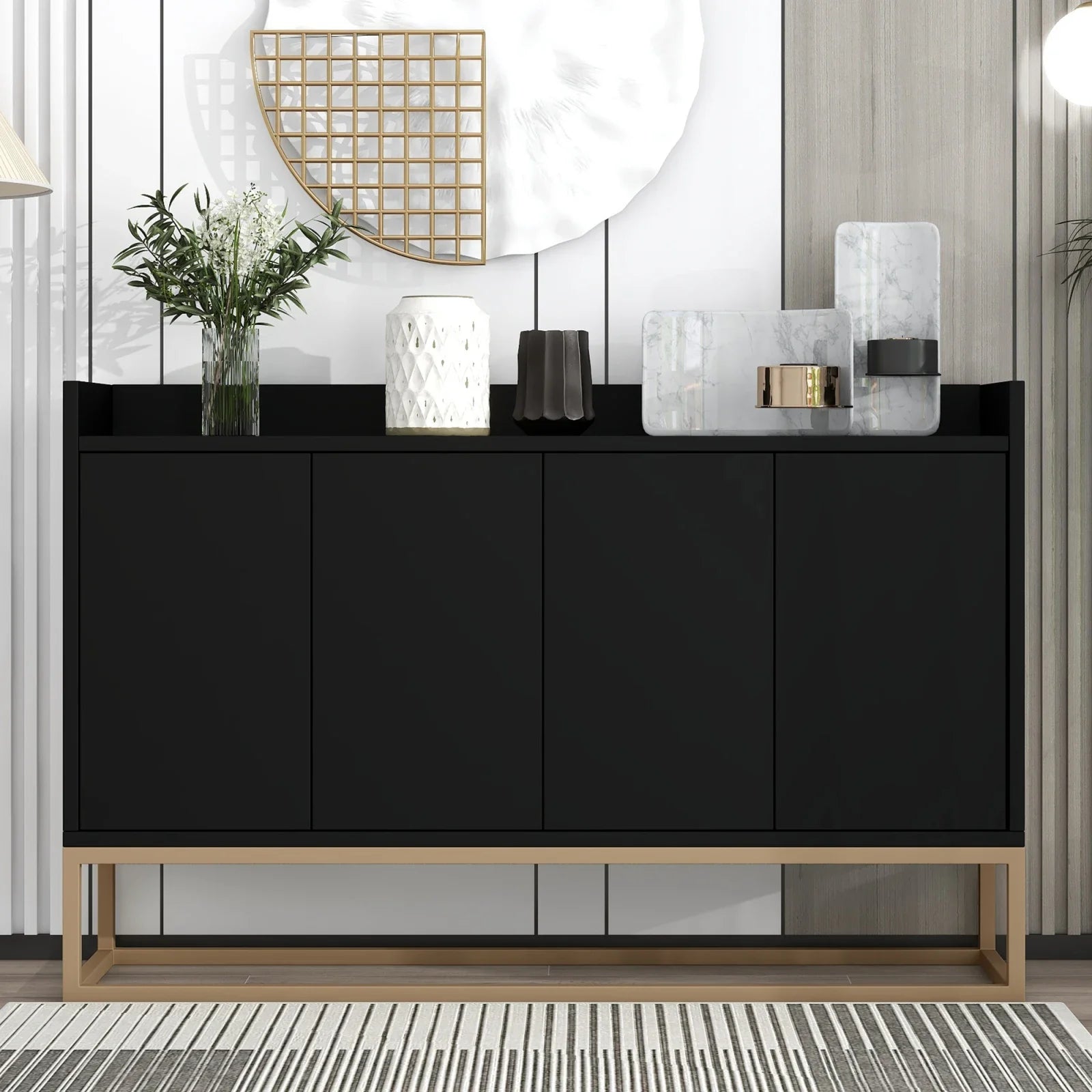 Minimalistische Dressoirkast 4 Deuren met Slot – Opbergkast Metaal & MDF – Moderne Buffetkast voor Woonkamer en Eetkamer