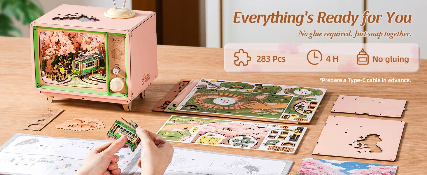 3D Houten Muziekdoos Sakura – DIY Puzzel met LED Licht – Creatief Knutselpakket voor Kinderen en Volwassenen