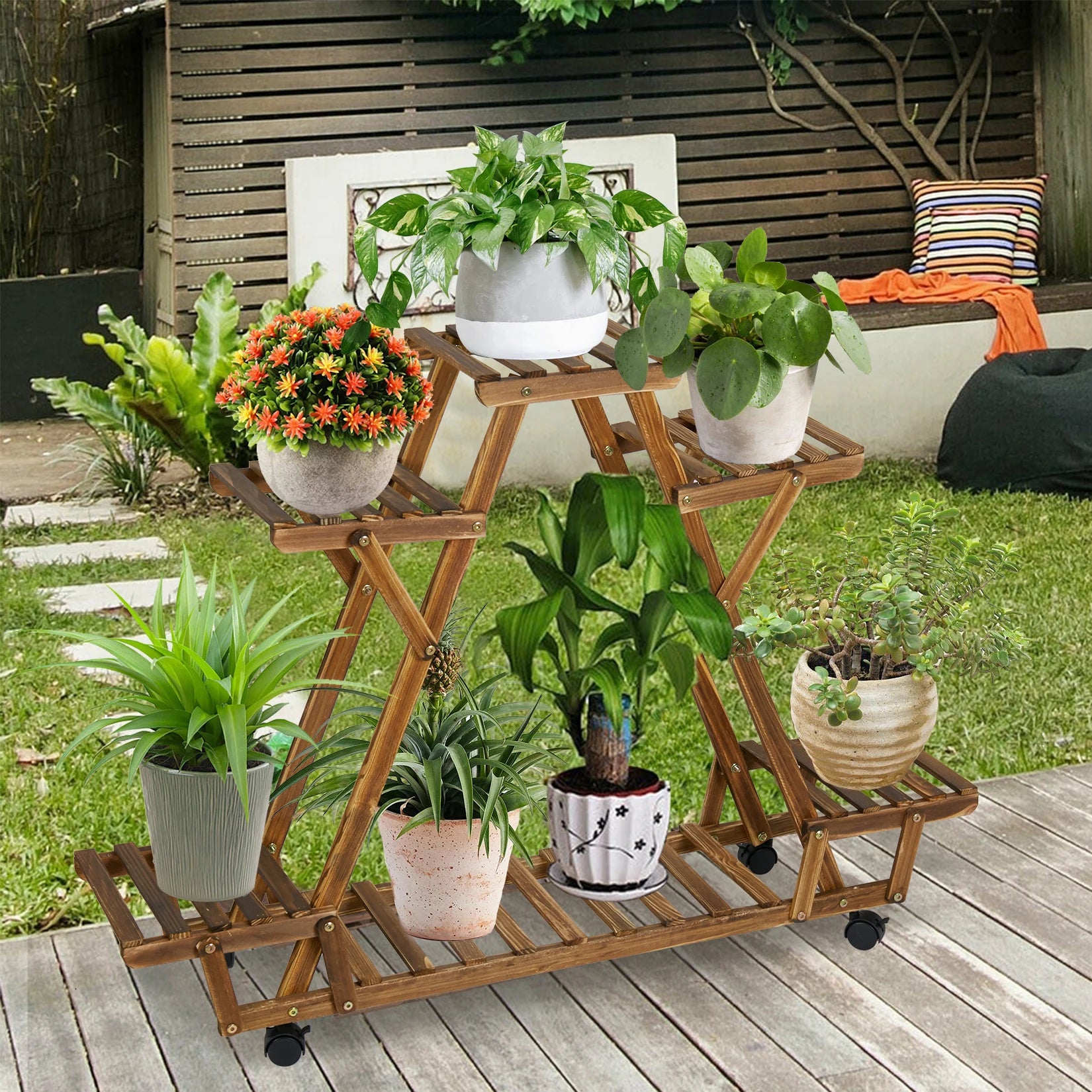 Driehoekig Plantenrek met Wielen – 6 Lagen Houten Bloemenstandaard voor Binnen & Balkon