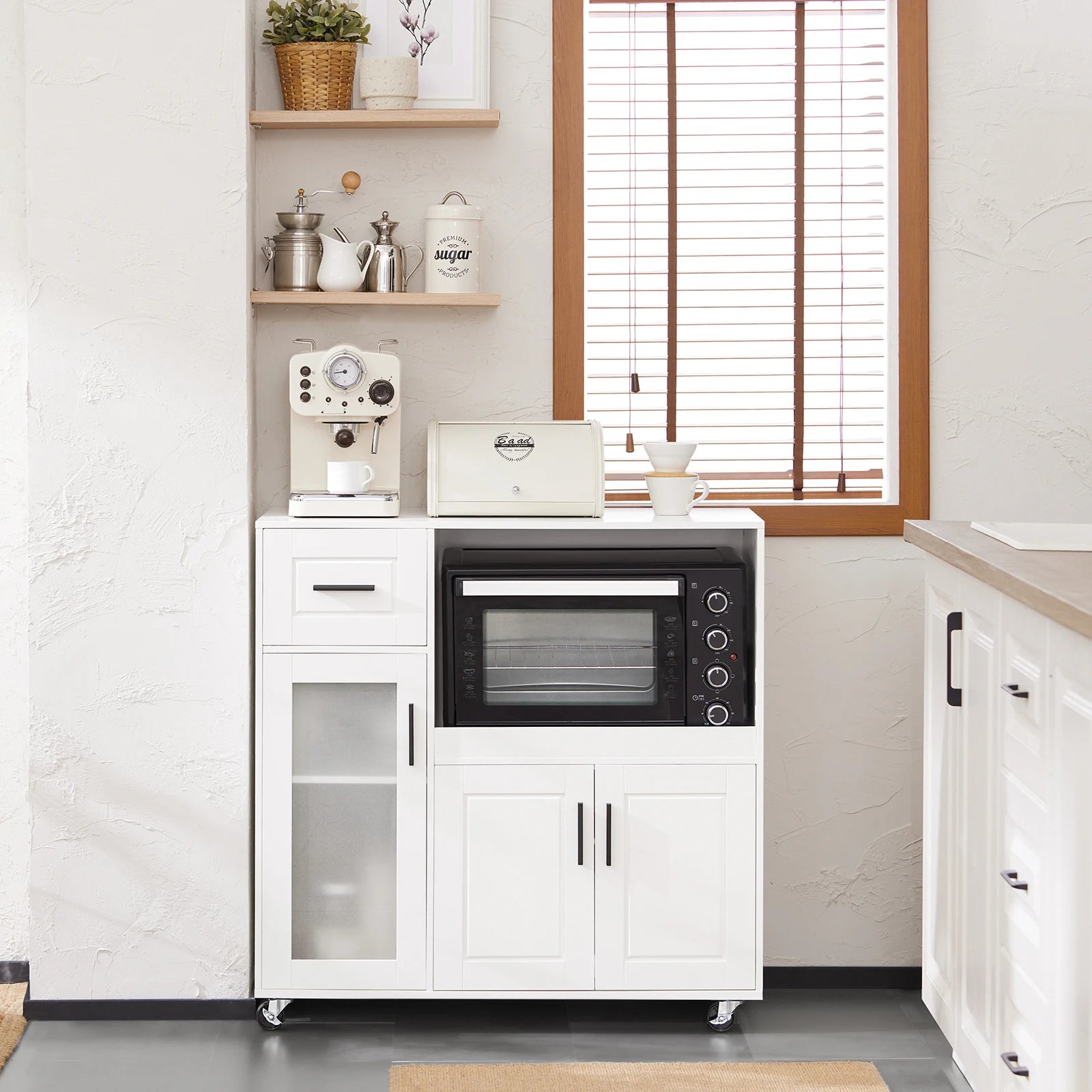 Verplaatsbare Keukentrolley met Wieltjes – Dressoir met Magnetronkast & Lade – Wit MDF Keukenkastje
