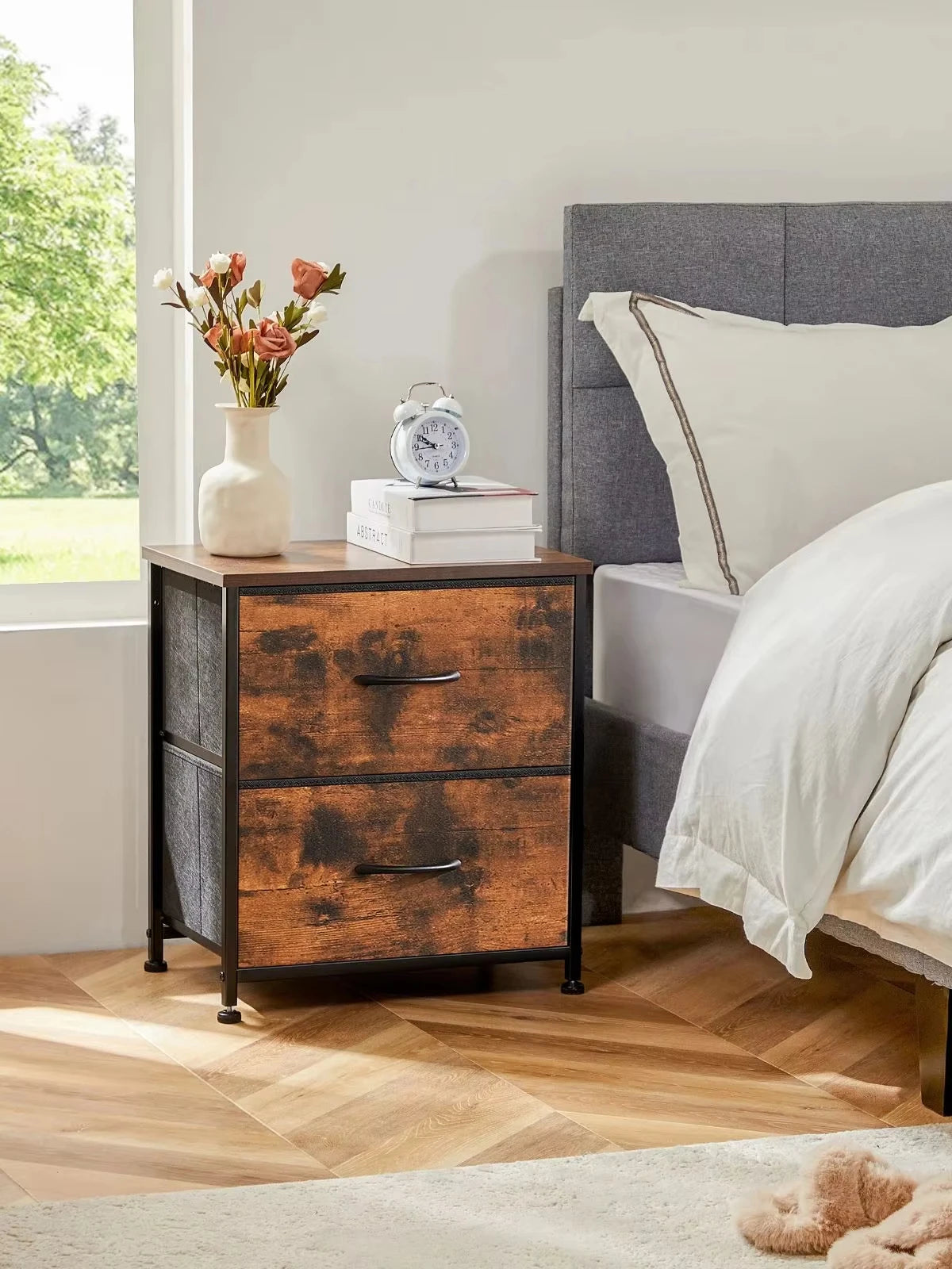 Multifunctioneel Nachtkastje met 2 Stoffen Lades – Modern Bijzettafel voor Slaapkamer en Woonkamer