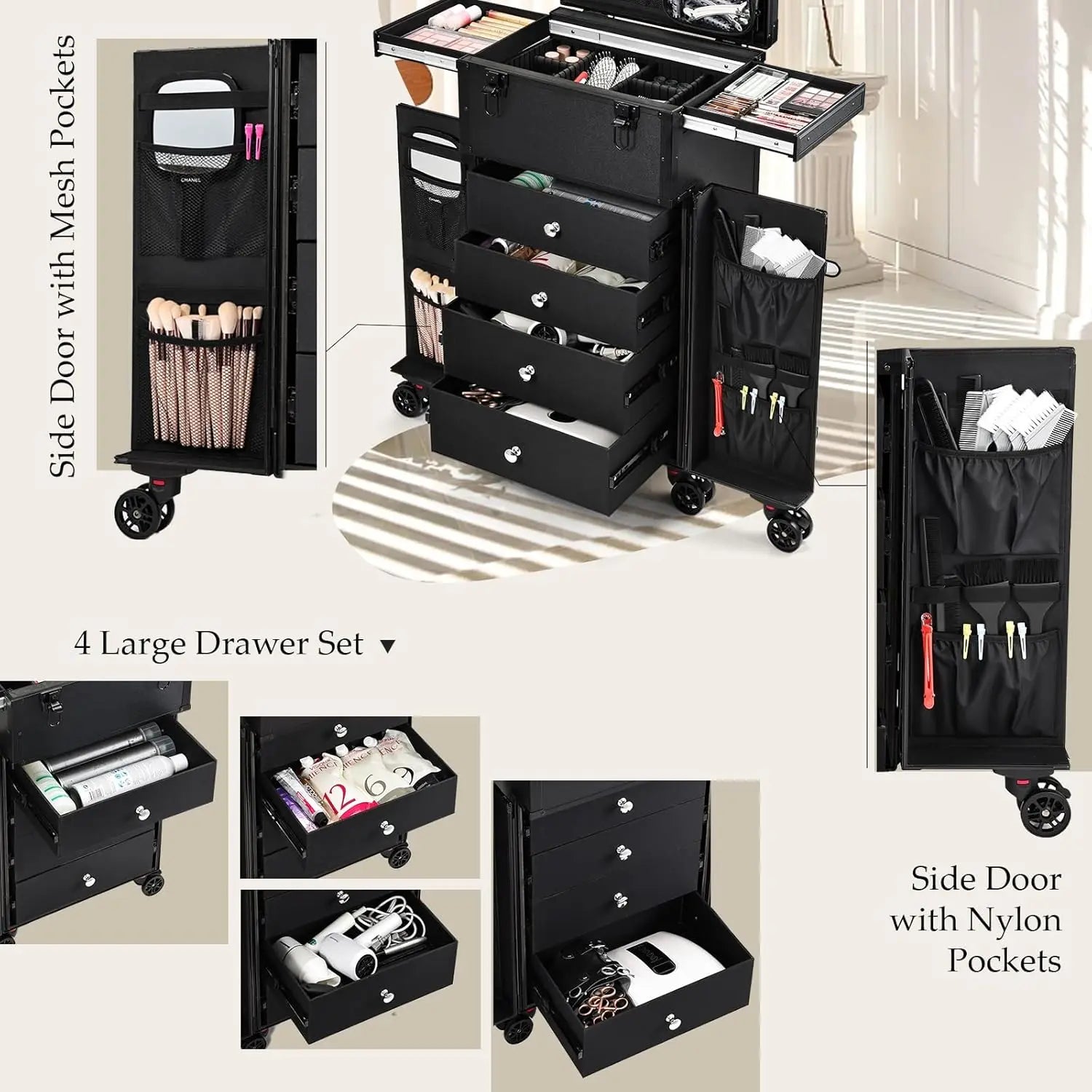 Professionele Make-up Koffer 4 Lades – Reiskoffer voor Cosmetica en Haarstyling – Trolley met Organizers en Waterdichte Behuizing