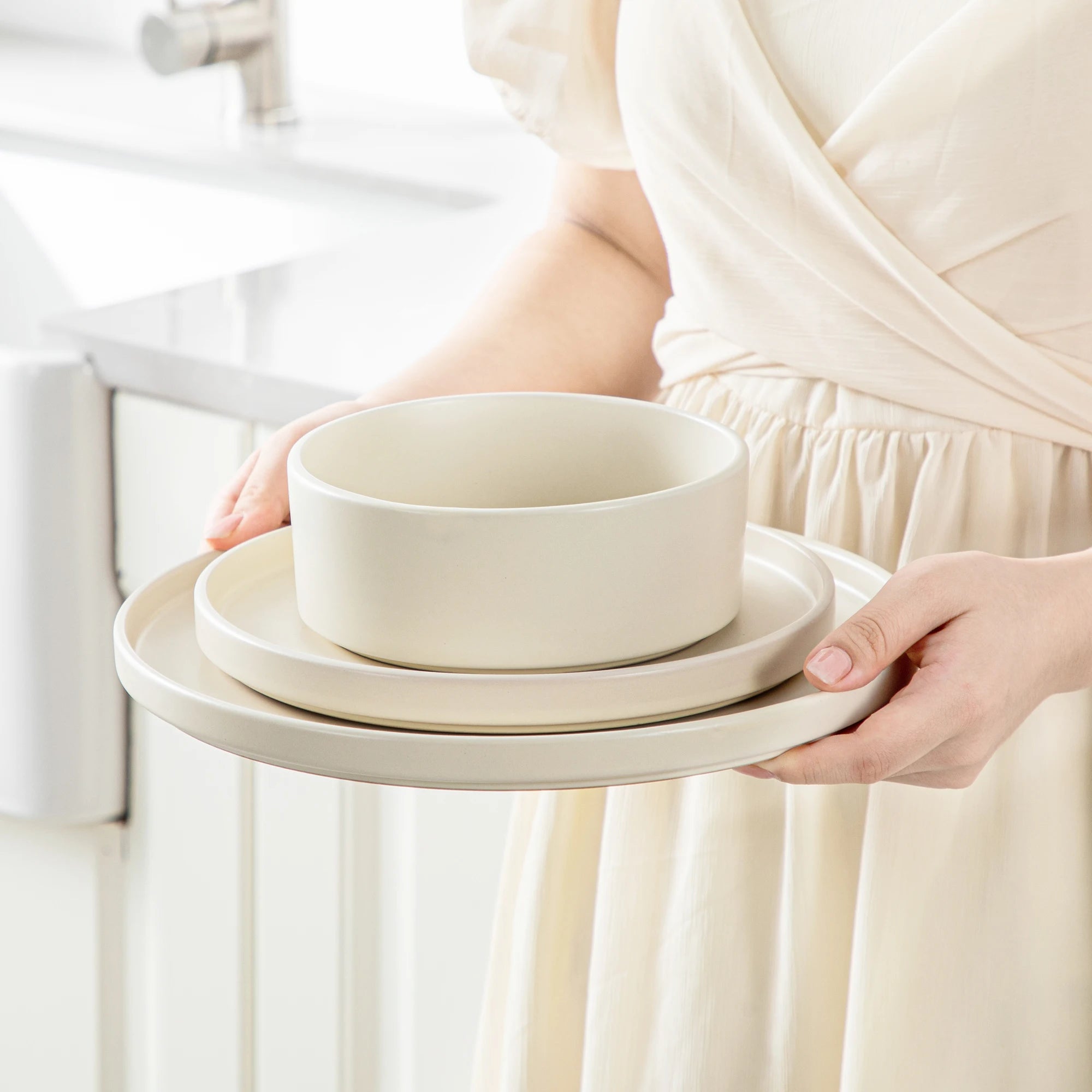 24-delige Serviesset van Steengoed Keramiek – Cream White Vierkant Servies voor 8 Personen