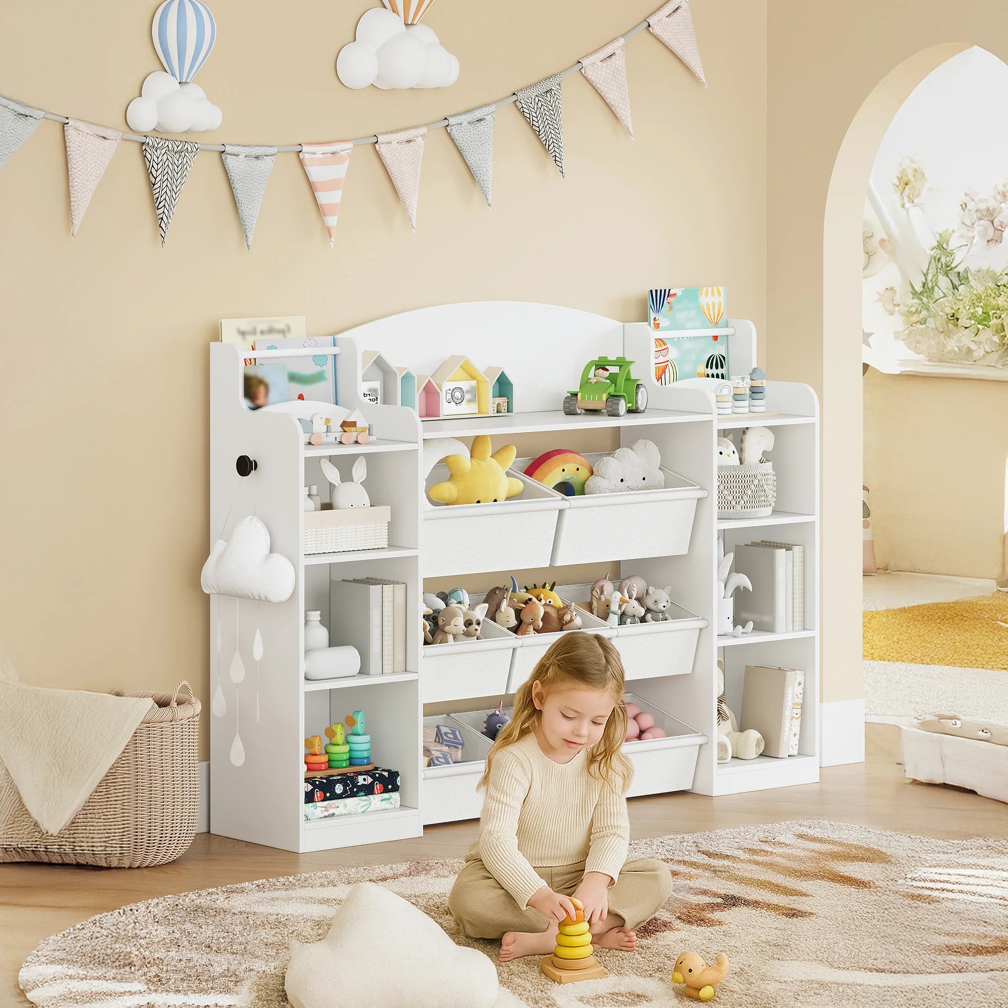 Kinderboekenkast met Opbergbakken – Houten Speelgoedkast met 8 Stoffen Lades & 9 Vakken – Kinderkamer Organizer Wit