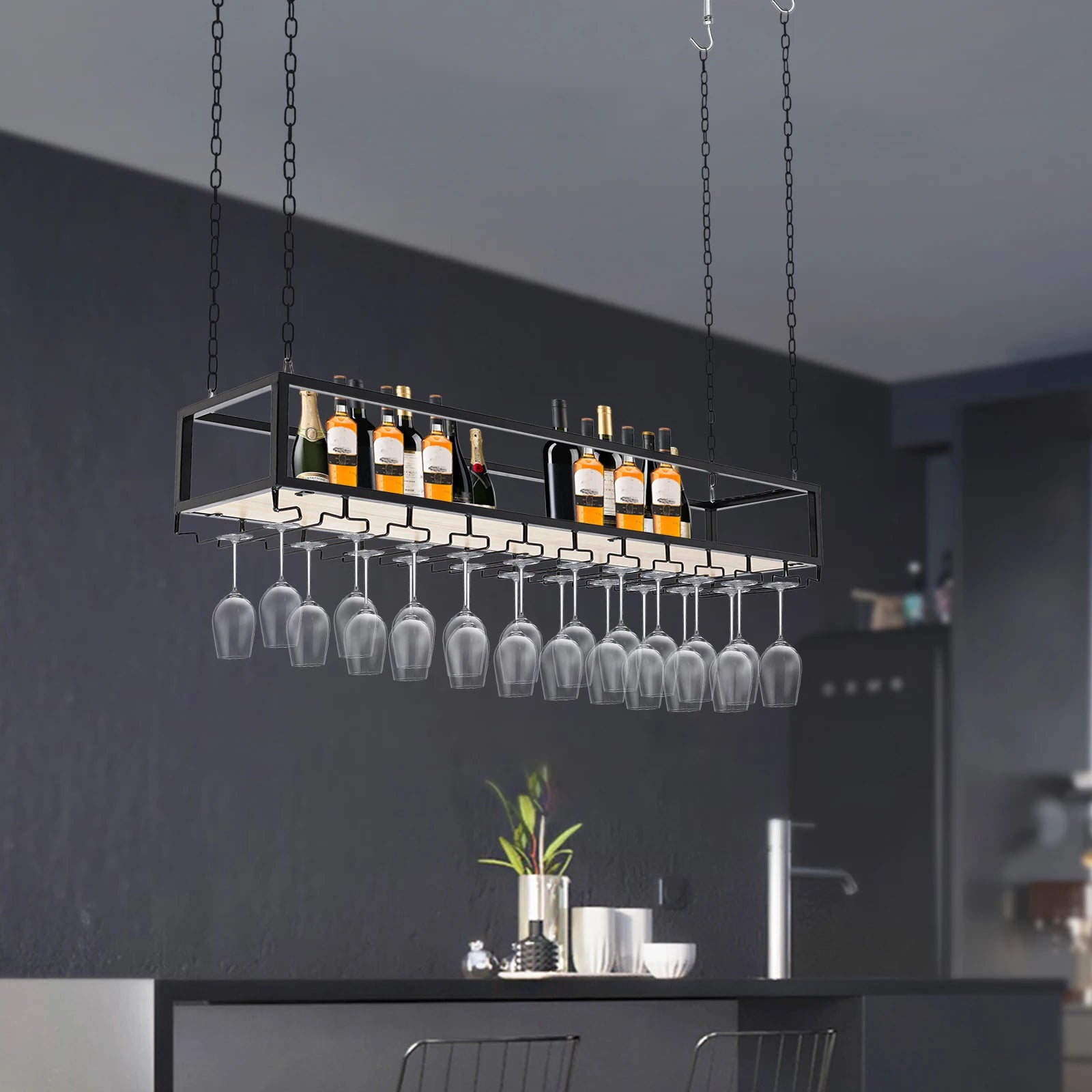 Hangend Wijnrek Industrieel met Glazenhouder – Vintage Plafond Wijnrek Metaal & Hout
