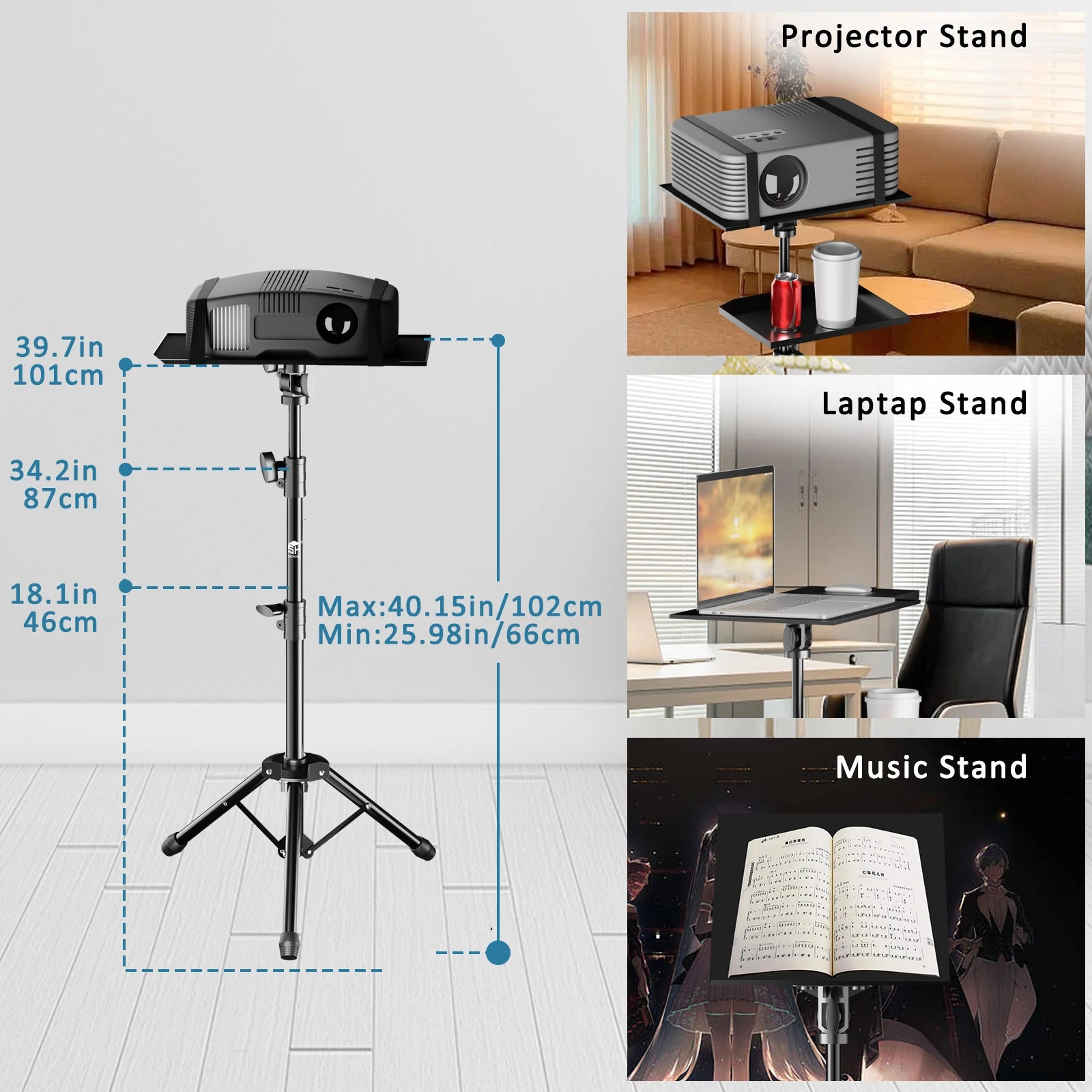 Verstelbaar Projector- en Laptopstatief 145 cm – Mobiel Statief met Wielen voor Camera, Laptop en Projector – Opvouwbaar en Draagbaar
