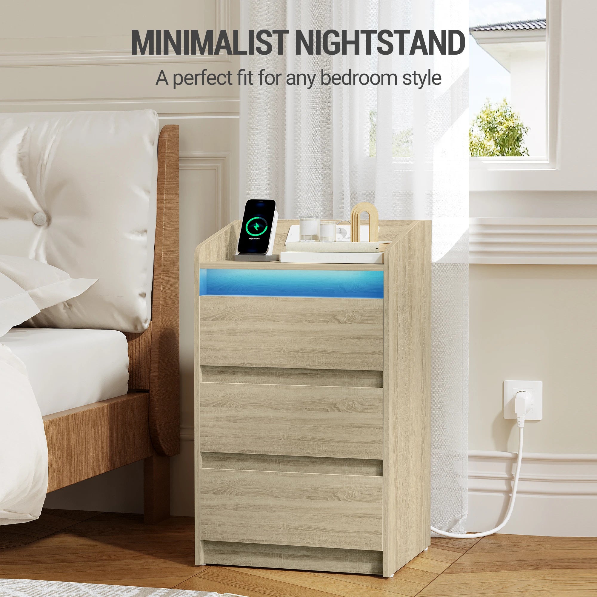Nachtkast met Oplaadstation, LED‑Verlichting en 3 Laden