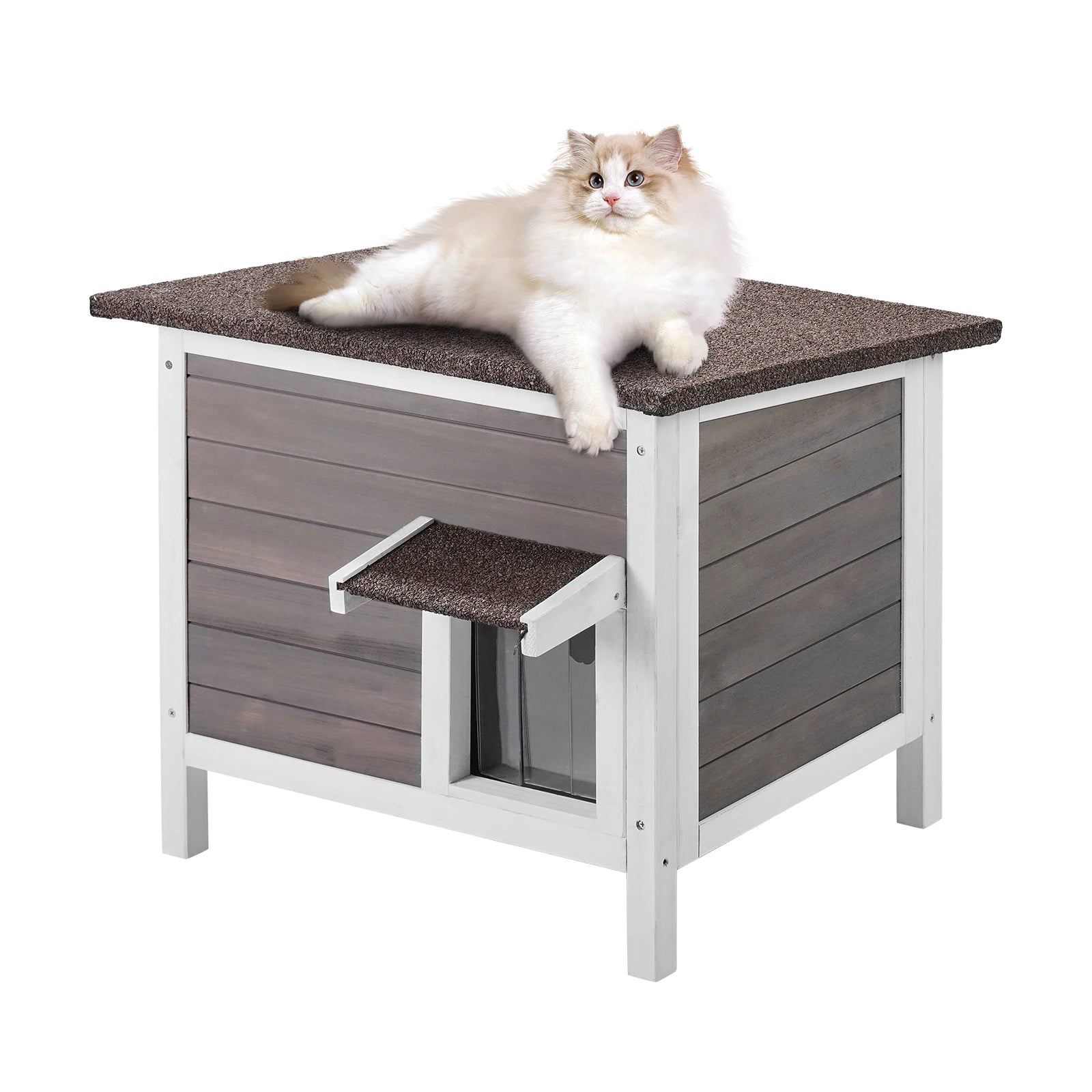 Geïsoleerd Buiten Kattenhuis Hout – Weerbestendig Kattenhok met Dak en PVC Deur – Winterproof Kattenverblijf voor Buiten