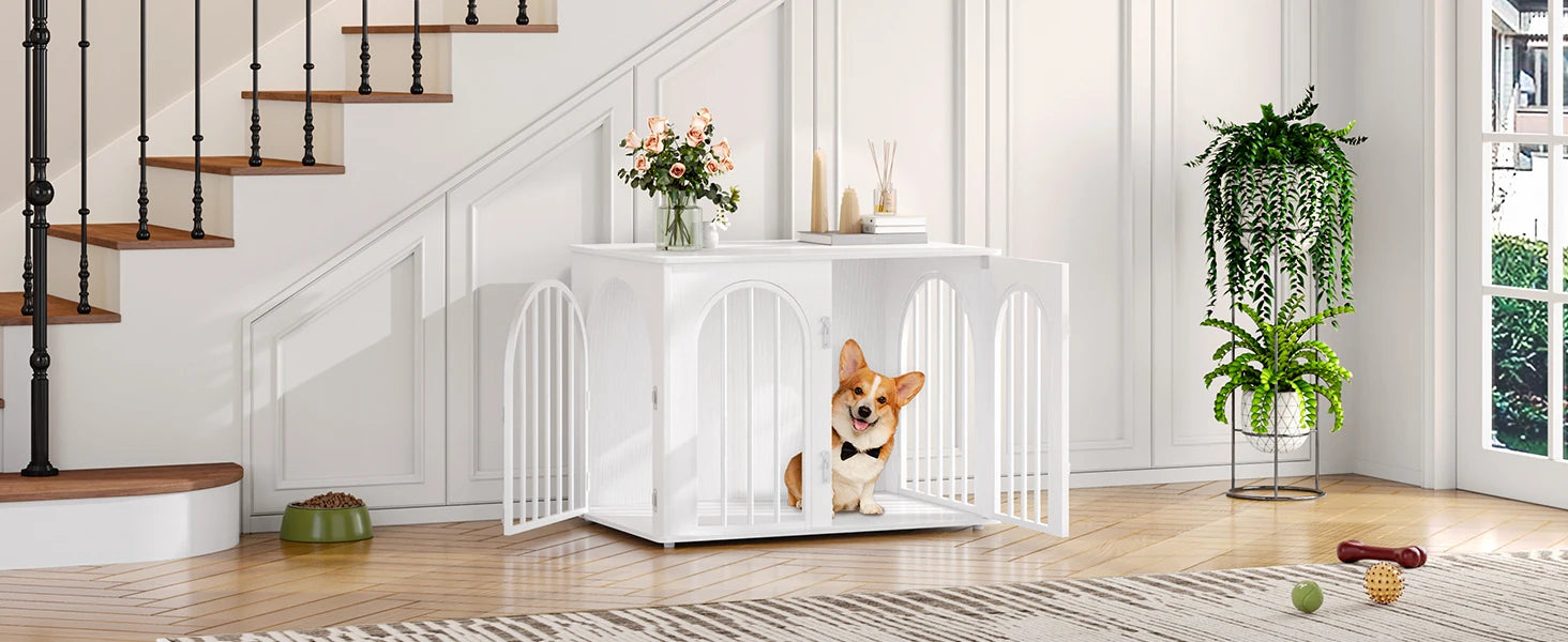 Houten Hondenbench Meubel 80 cm – Design Hondenkooi met 3 Deuren – Moderne Indoor Bench & Bijzettafel