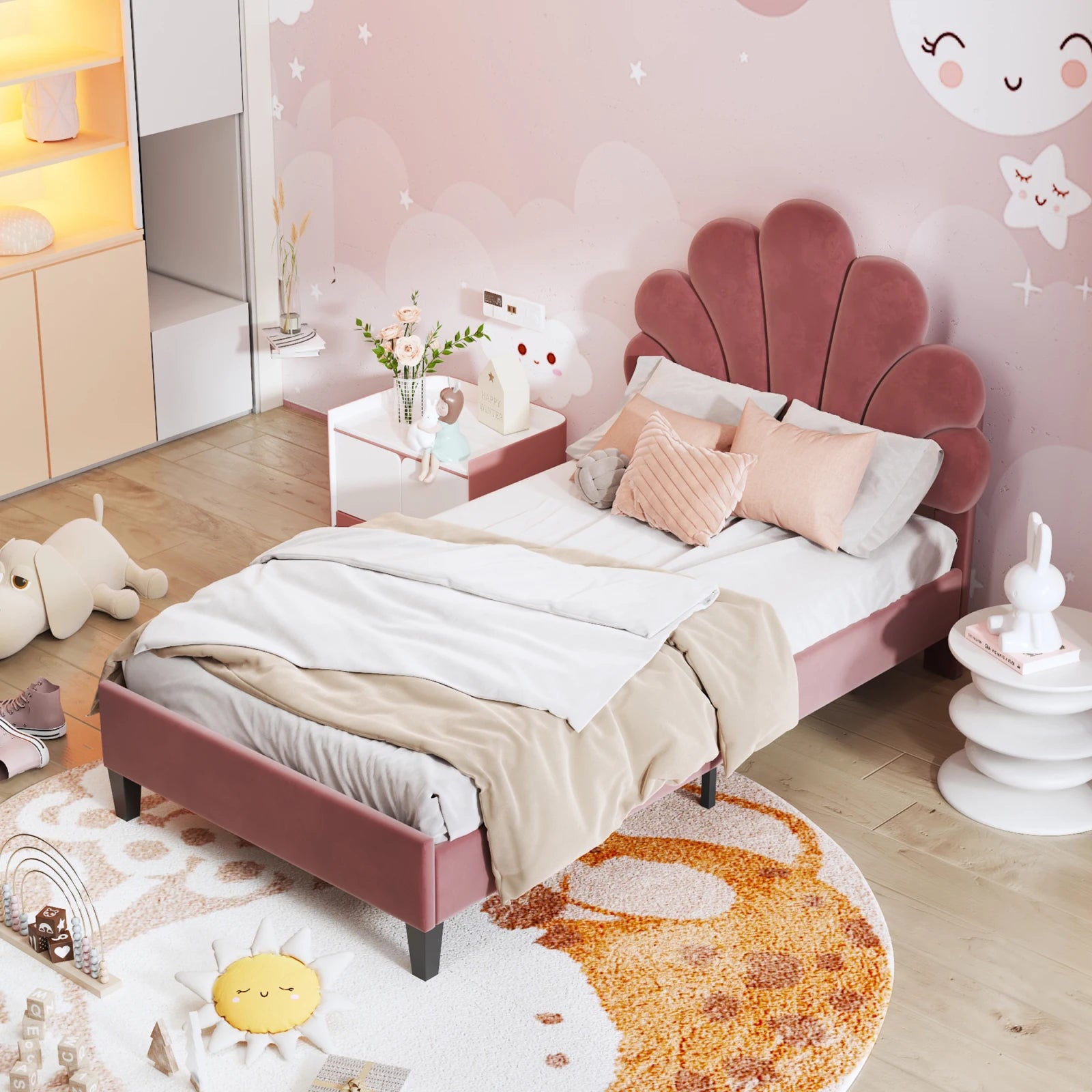 Kinderbed 90x200 Meisjesbed Fluweel Bloemenkroon – Speels & Stijlvol