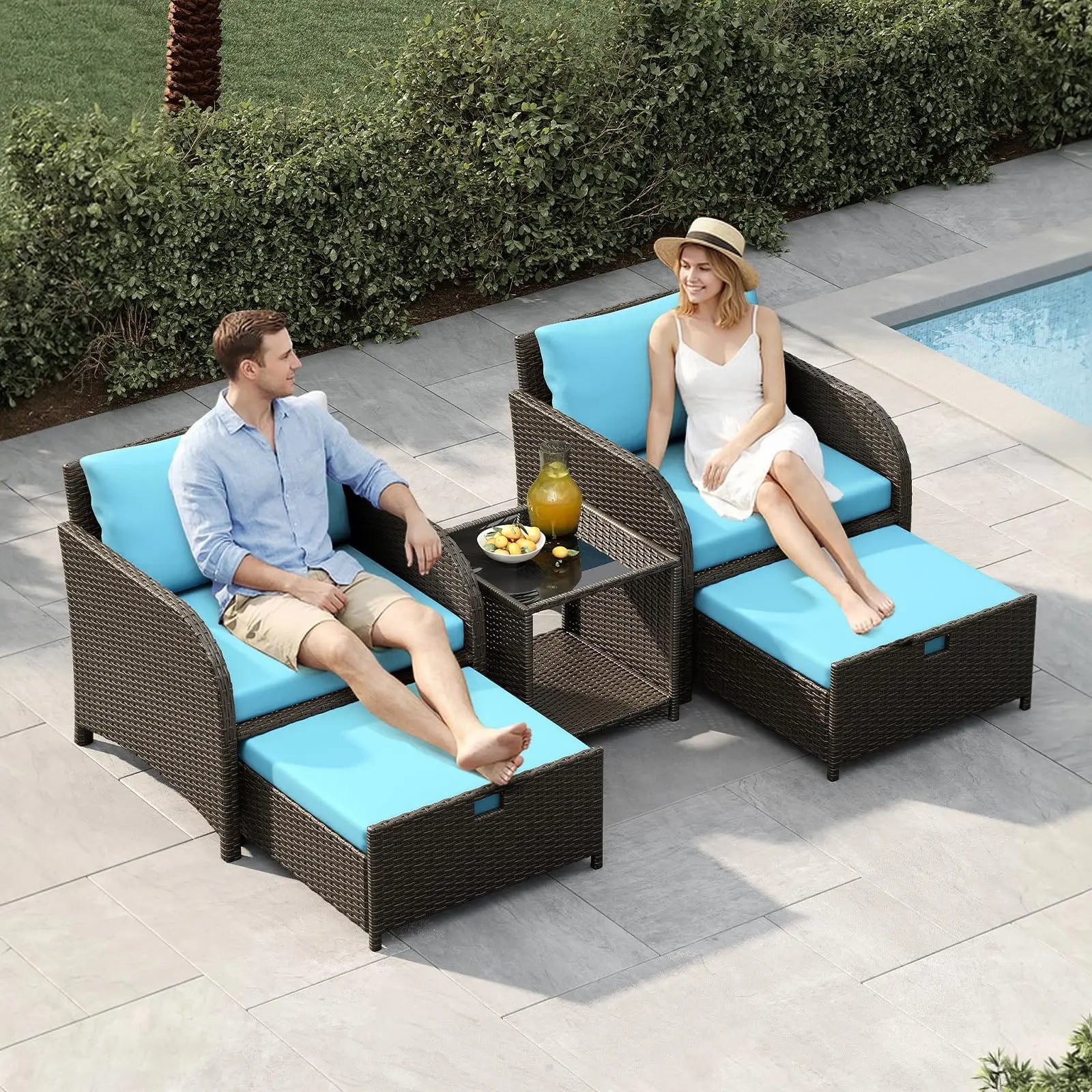 5-Delige Rotan Loungeset met Voetenbanken & Glazen Tafel – Tuinset voor Balkon, Terras & Tuin