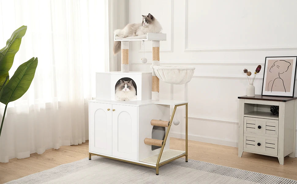 Kattenmeubel met Kattenbak Kast – 4-in-1 Kattenboom met Krabpaal, Platform en Kattenhuis – Modern Design met Sisal Krabmat