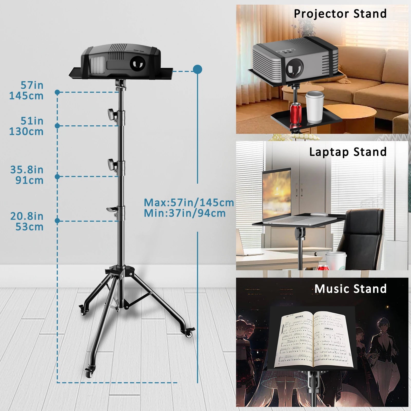Verstelbaar Projector- en Laptopstatief 145 cm – Draagbaar Bureau- en Studio Statief voor Camera’s, Projectors en Verlichting