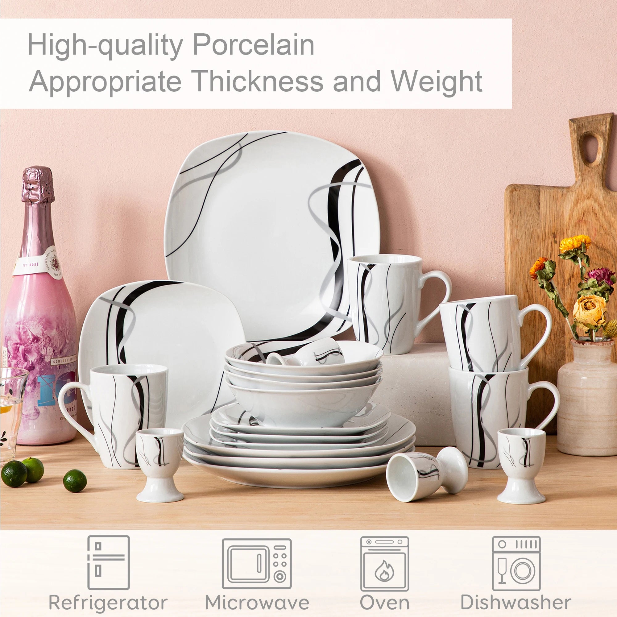 20-delige Serviesset Zwart Gestreept Porselein – Modern Servies voor 4 Personen – Vaatwasserbestendig