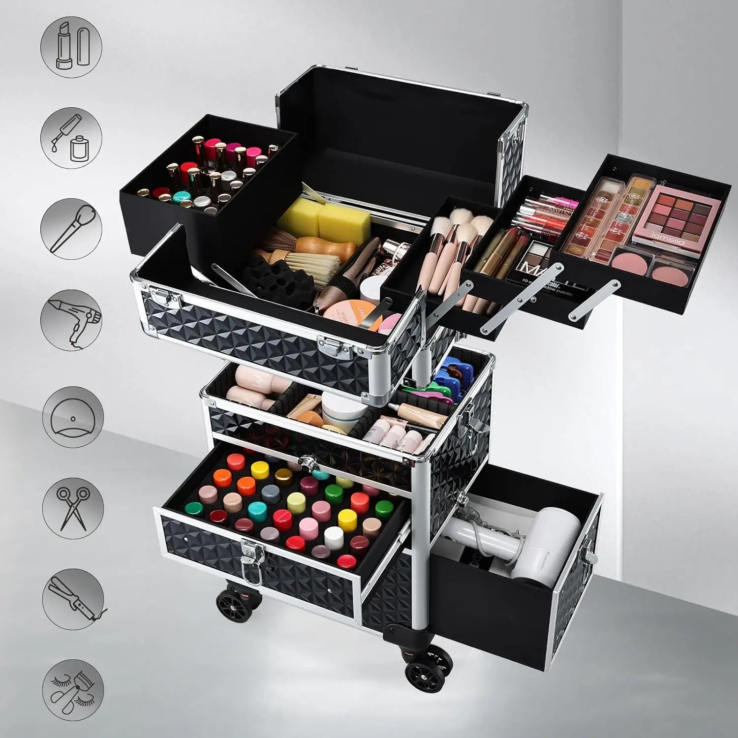 Professionele Rollende Make-up Koffer met Wielen en Laden – Grote Train Case voor Cosmetica – Reiskoffer voor Schoonheidsspecialisten