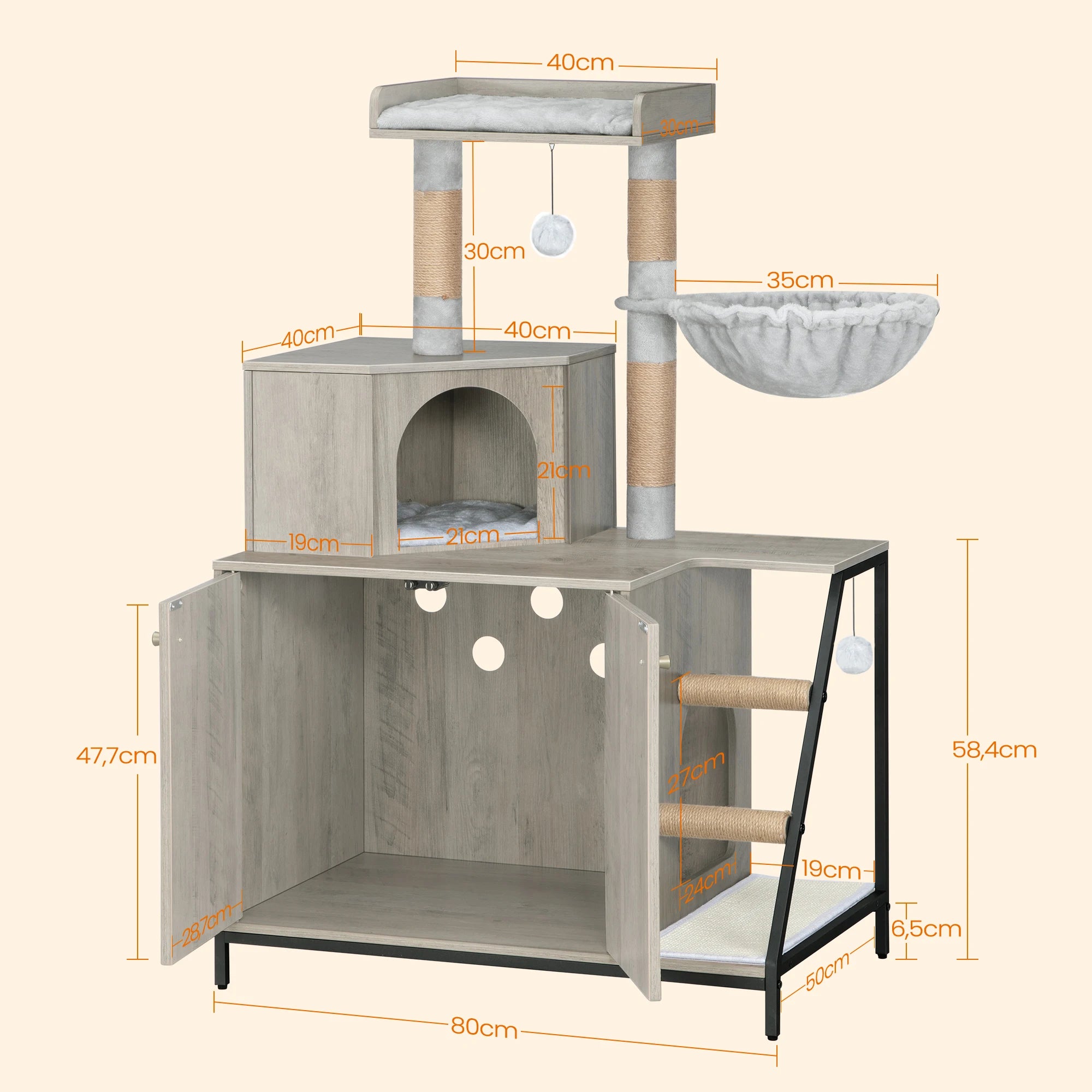 Kattenmeubel met Kattenbak Kast – 4-in-1 Kattenboom met Krabpaal, Platform en Kattenhuis – Modern Design met Sisal Krabmat