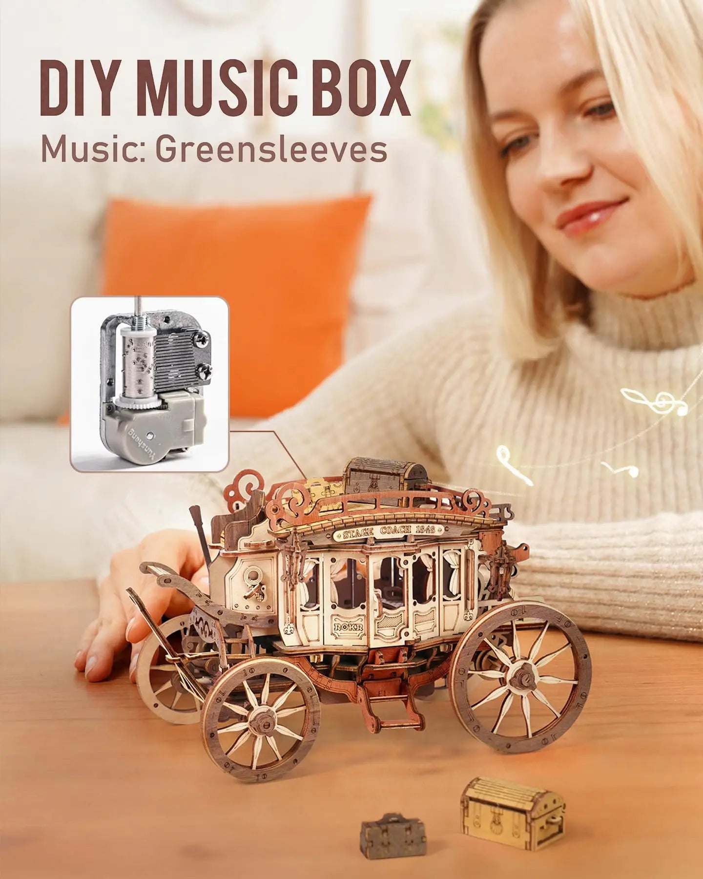 3D Houten Puzzel Muziekdoos – Stagecoach Model voor Volwassenen – Creatieve STEM Hobby Kit