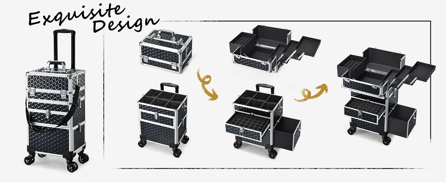 Professionele Rollende Make-up Koffer met Wielen en Laden – Grote Train Case voor Cosmetica – Reiskoffer voor Schoonheidsspecialisten