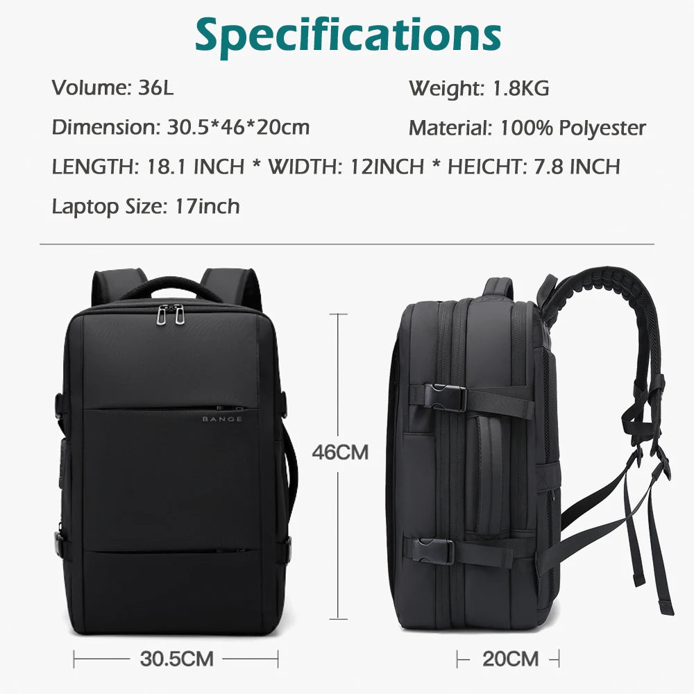 Uitbreidbare Waterdichte Reistas Rugzak – 17" Laptop Rugzak – Grote School‑ & Zaken Backpack – Reis & Hiking Unisex